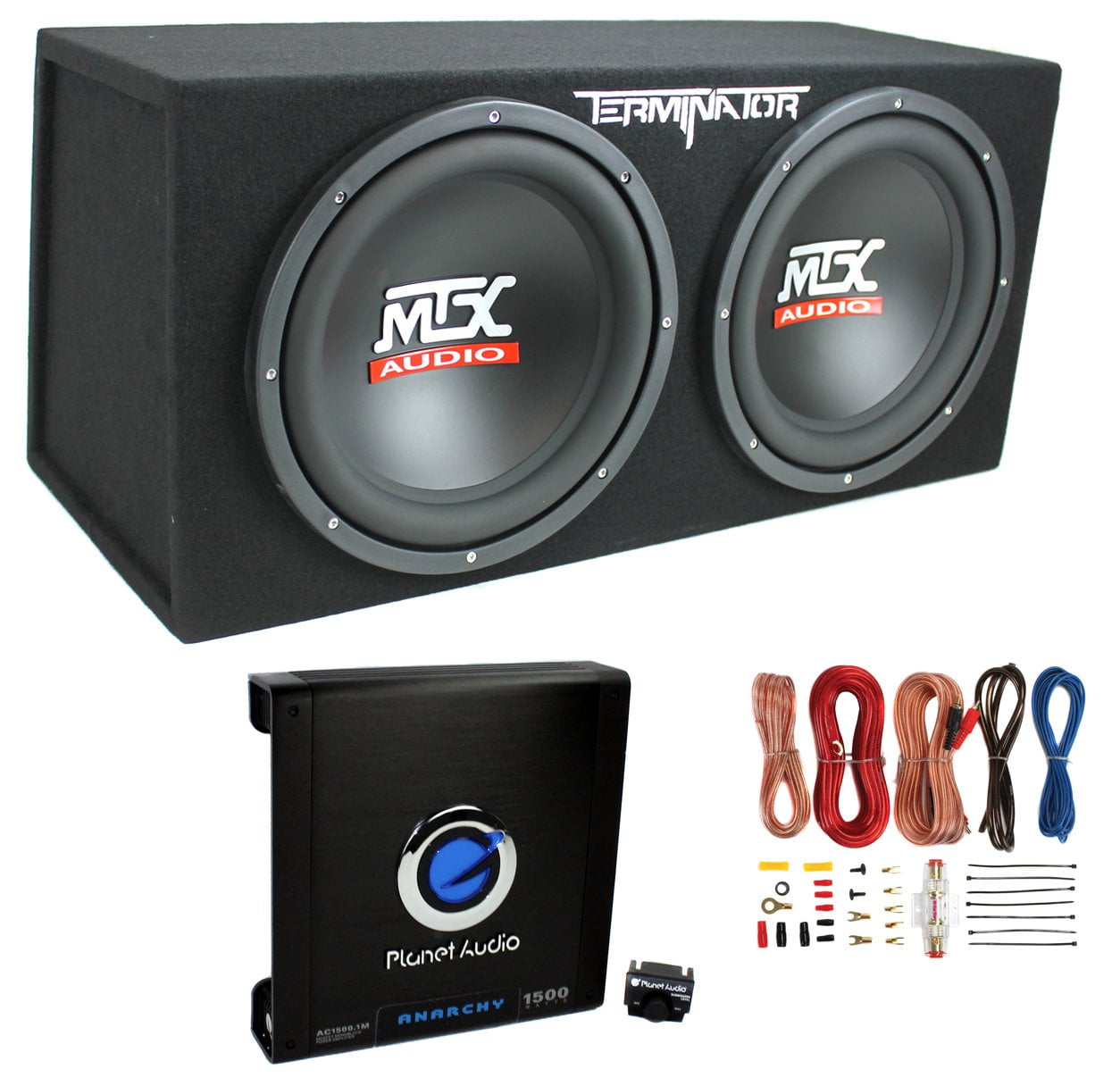 MTX Dual 121000W Subwoofer Enclosure w/ 1500W Amp & 8GA Wiring Kit, Black