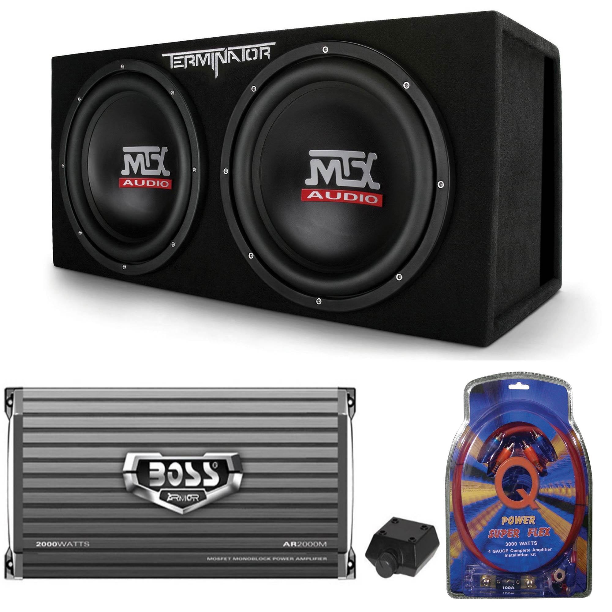 MTX TNE212DV 122000W Dual Loaded Car Subwoofers, Box, Boss 2000W Amp & Kit
