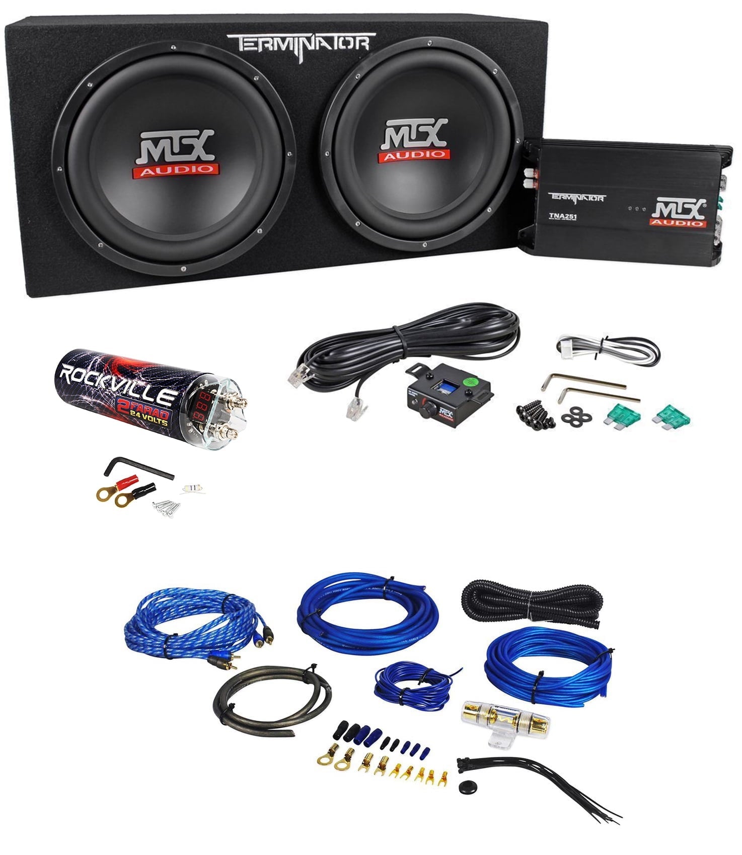 MTX Terminator TNP212D2 Dual 12¡± Subwoofers+Enclosure+Amp Kit+2 Farad Capacitor