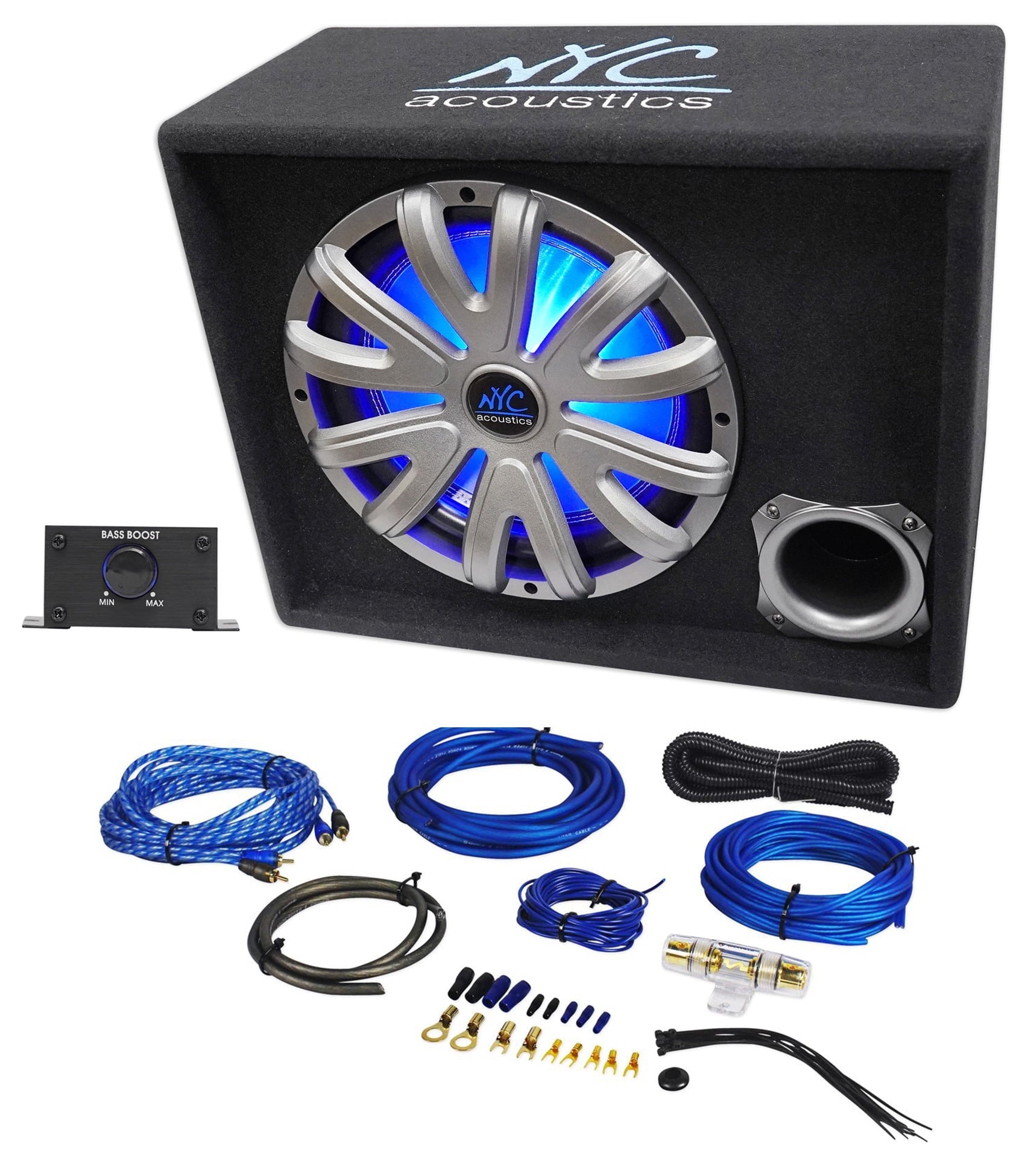 NYC Acoustics NSE12L 121200w Powered Car Subwoofer/Sub Enclosure+LED+Amp Kit