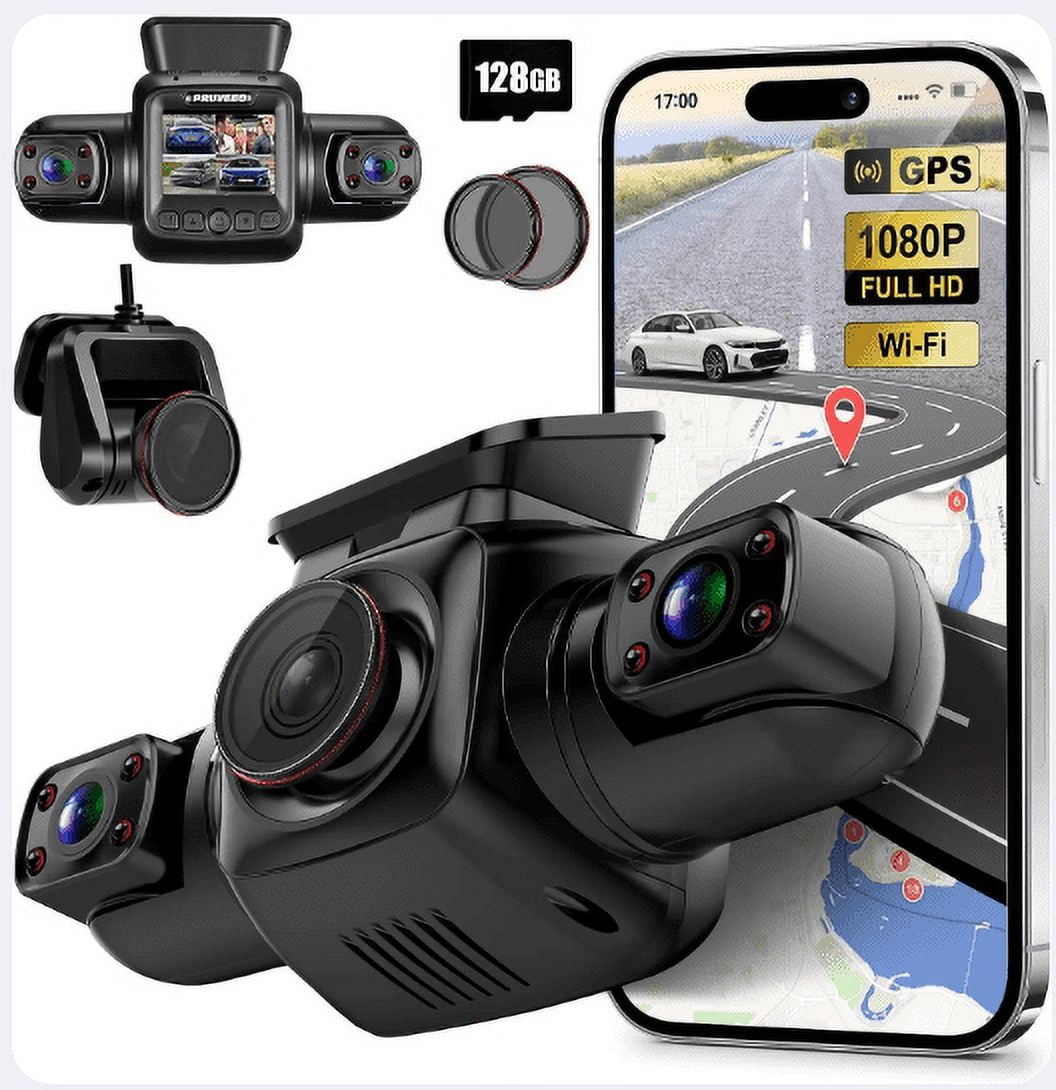 Open Box PRUVEEO D90-4CH-MINI-128GB Dash Cam 4 Channel Camera FHD 1080P 128GB Card Black