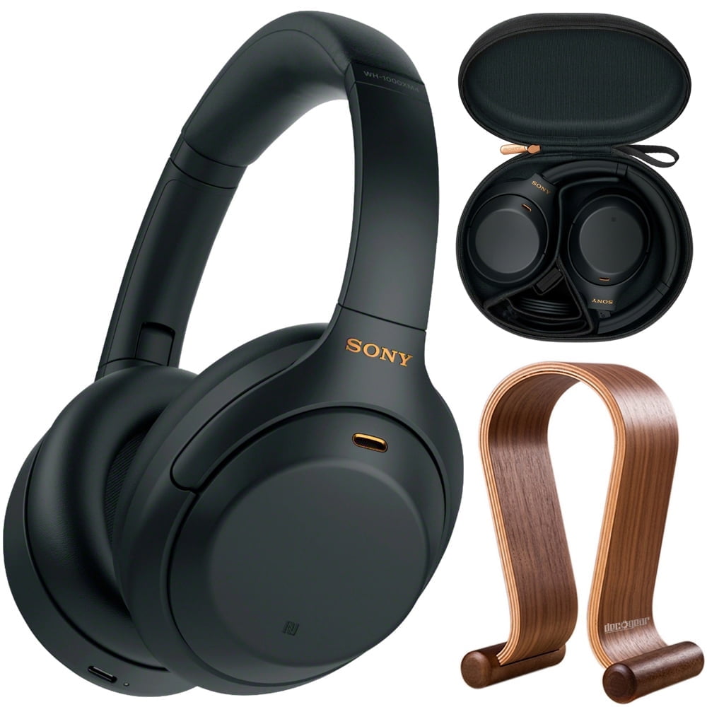 Sony WH1000XM4/B Premium Noise Cancelling Wireless Over-the-Ear Headphones Bundle with Deco Gear Wood Headphone Monitor Stand and Protective Travel Carry Case (Open Box)