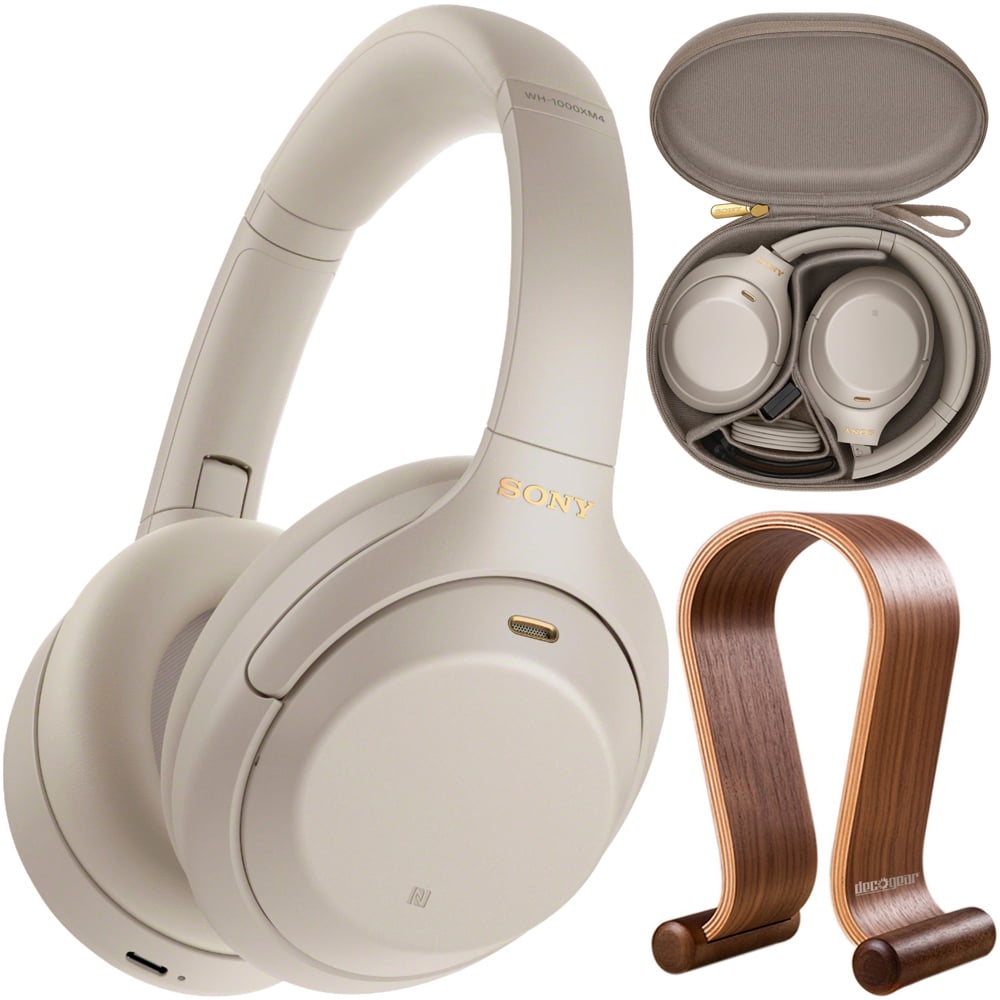 Open Box Sony WH1000XM4/S Premium Noise Cancelling Wireless Over-the-Ear Headphones Bundle with Deco Gear Wood Headphone Monitor Stand and Protective Travel Carry Case| Official Sony USA Dealer
