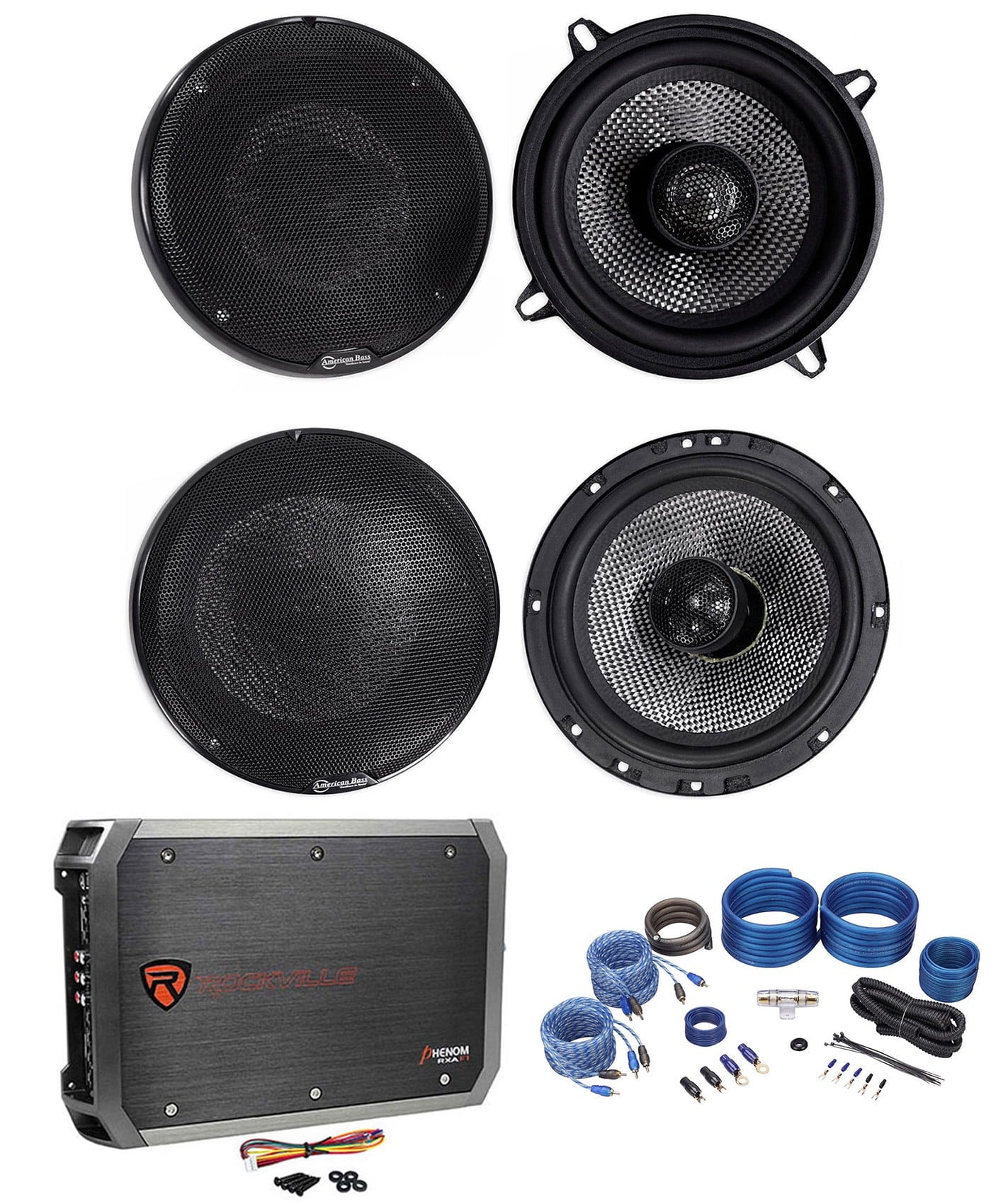 Pair American Bass SQ 5.25+SQ 6.5Car Audio Speakers+4-Channel Amplifier+Wires