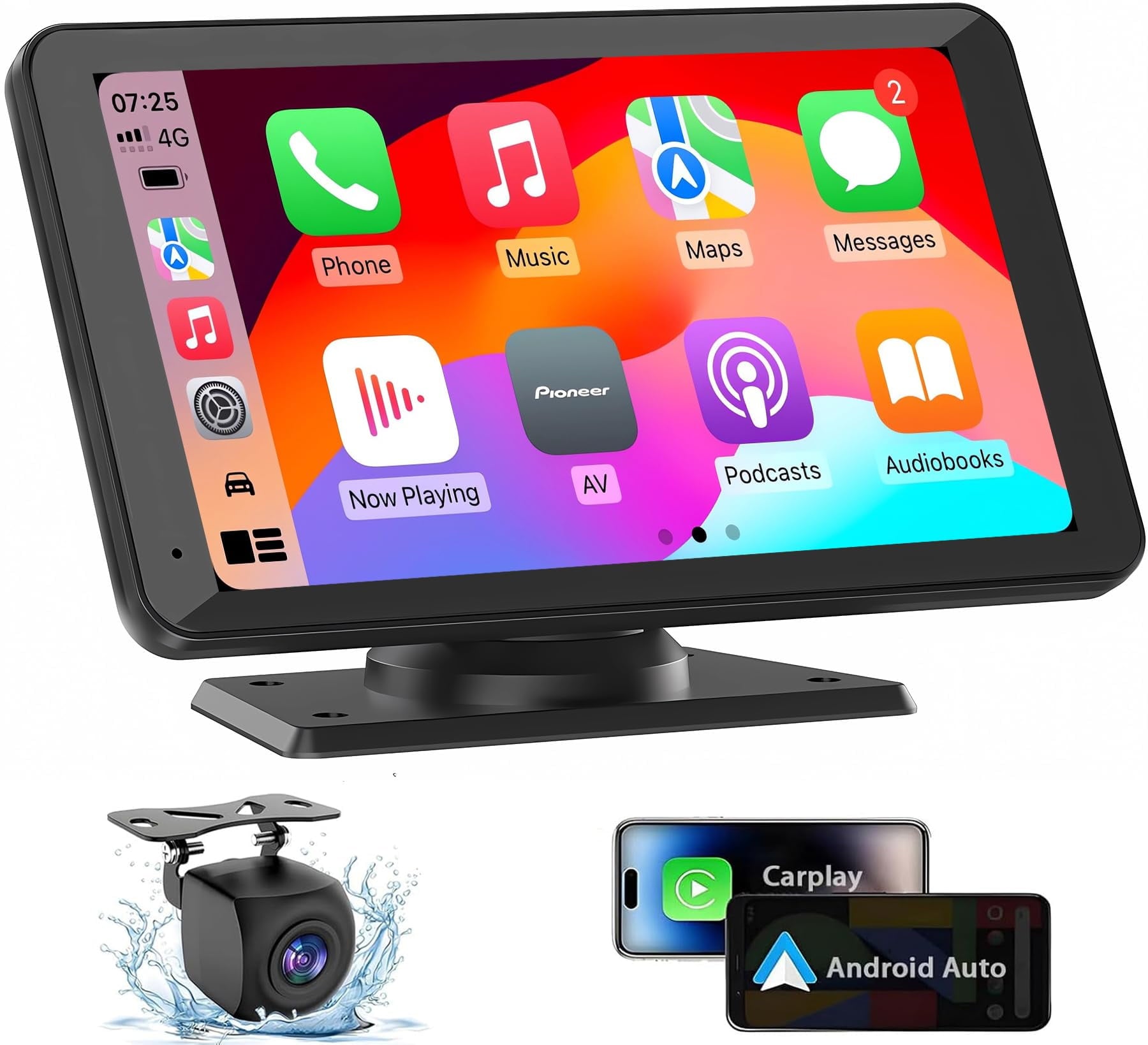 Portable Wireless CarPlay Screen for Car, 7 Inch Double Din Car Stereo for Apple CarPlay & Android Auto, Multimedia Player with Backup Camera, Mirror Link, Navigation Screen for All Vehicles C42