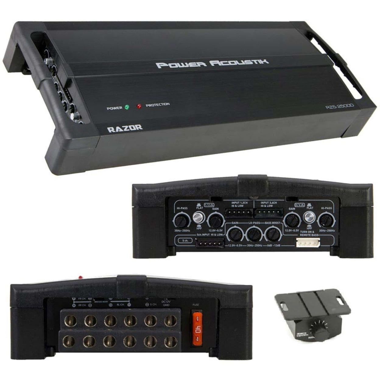 Power Acoustik RZ5-2500D RAZOR 2500W 5-Channel Vehicle Audio Amplifier, 6.3 lbs