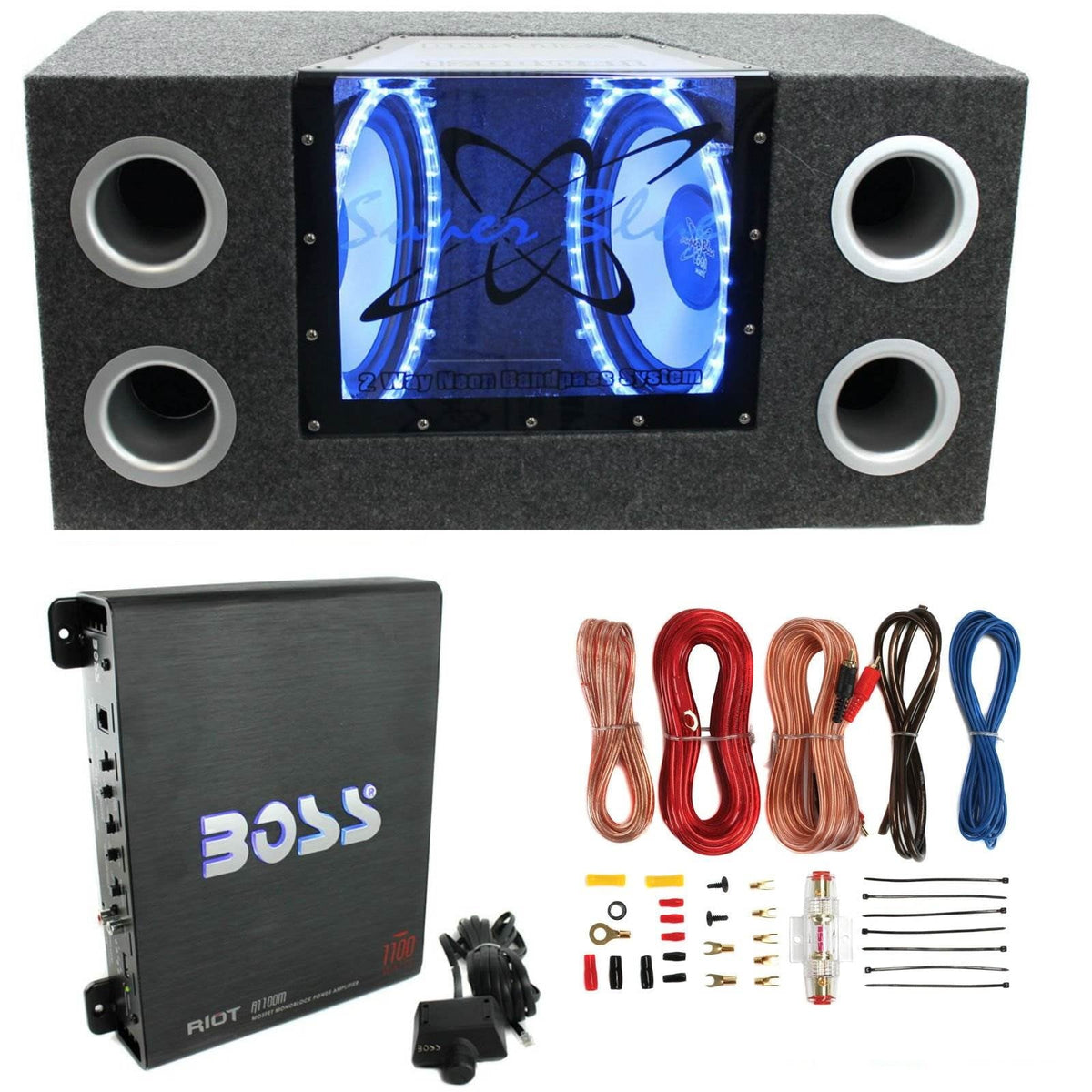 Pyramid BNPS102 101000W Dual Car Subwoofers w/ Box, 1100W Mono Amp, & Amp Kit