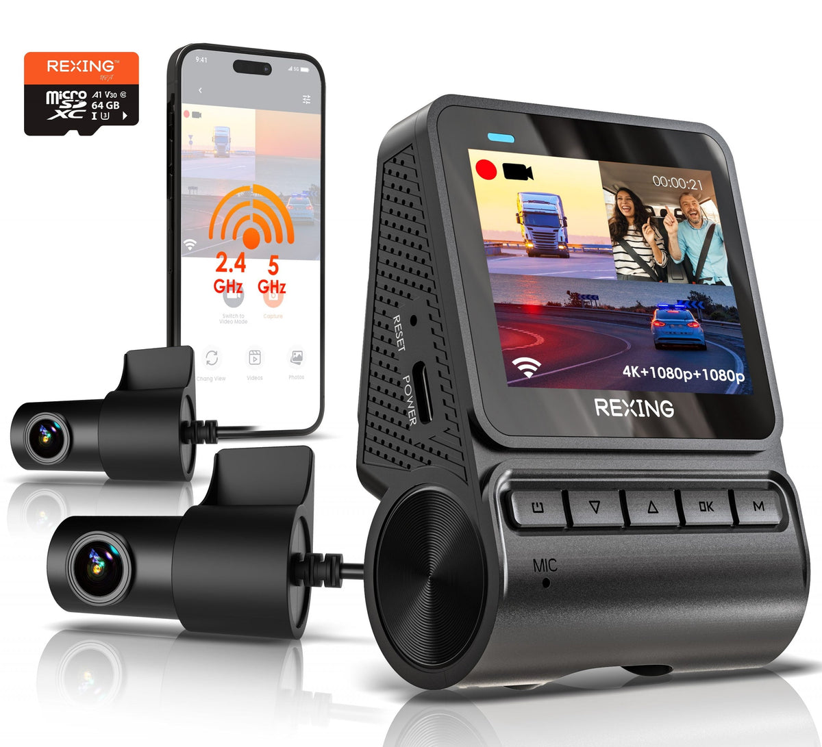 Rexing RH2-3 Triple Channel Dash Cam Ã¿ 2.5K Front and Dual 1080p Rear Cameras with Wi-Fi, and Optional GPS