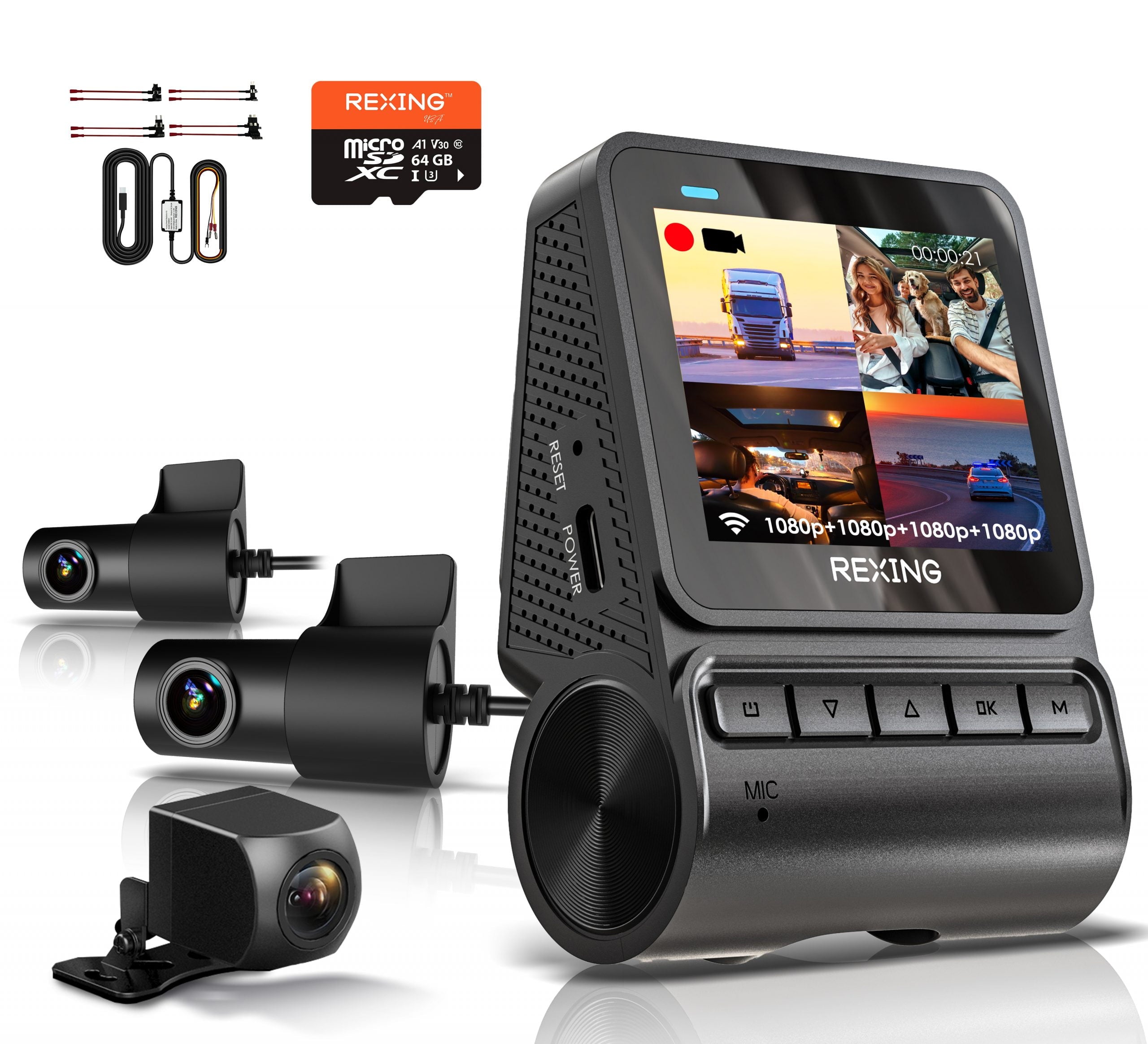 Rexing RH2-4 Quad-Channel Dash Cam Ã¿ 1080p Front, Rear, Cabin, and Exterior Coverage with Wi-Fi, Optional GPS, and GPS Smart Hardwire Kit Included