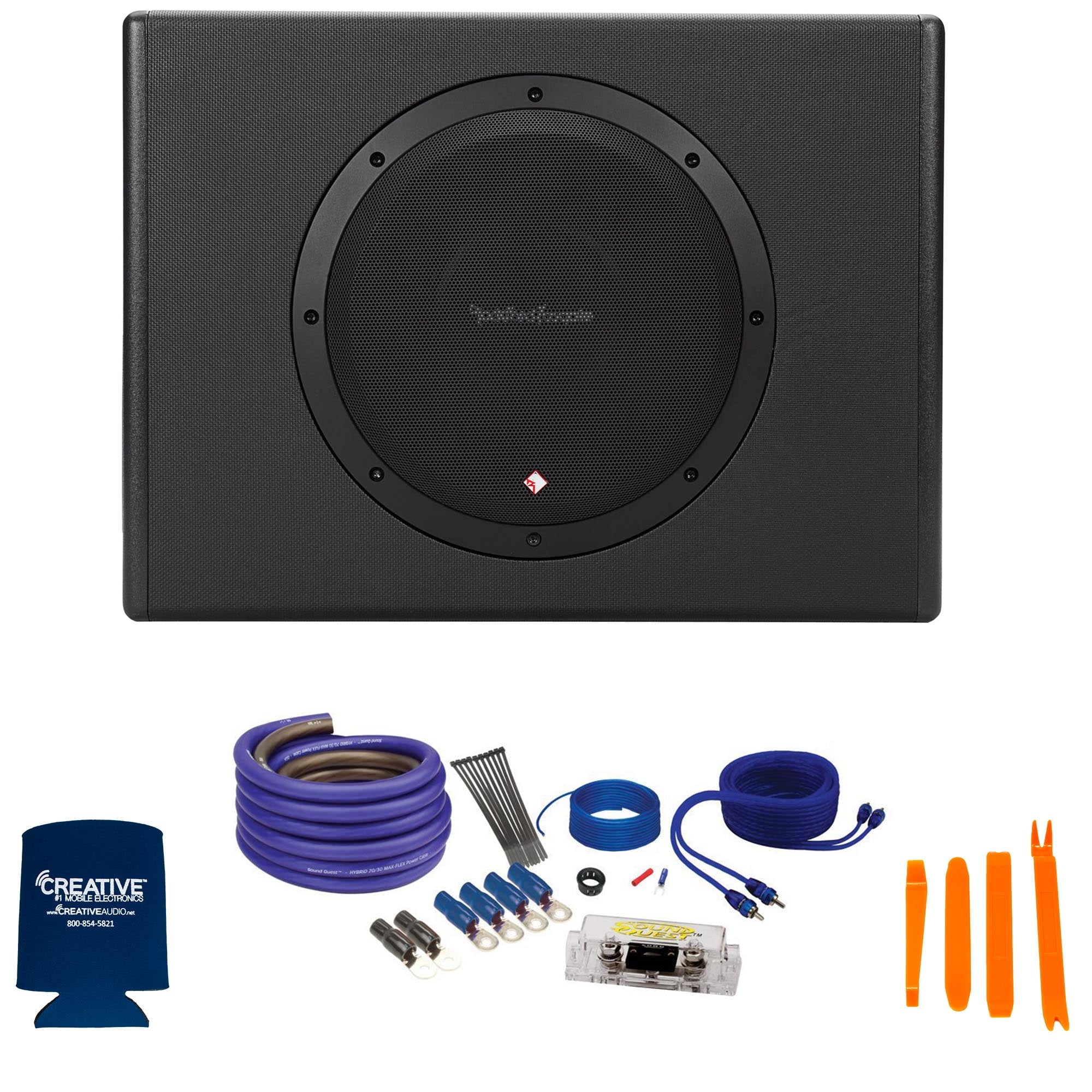 Rockford Fosgate P300-10 Powered Subwoofer with a 8 GA Amplifier Wiring Kit with 17' RCA