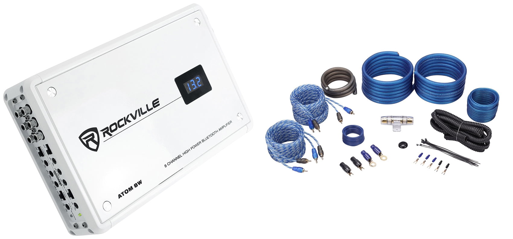 Rockville ATOM 8W 8-Channel 3500w Weather Proof Bluetooth Car Amplifier+Amp Kit