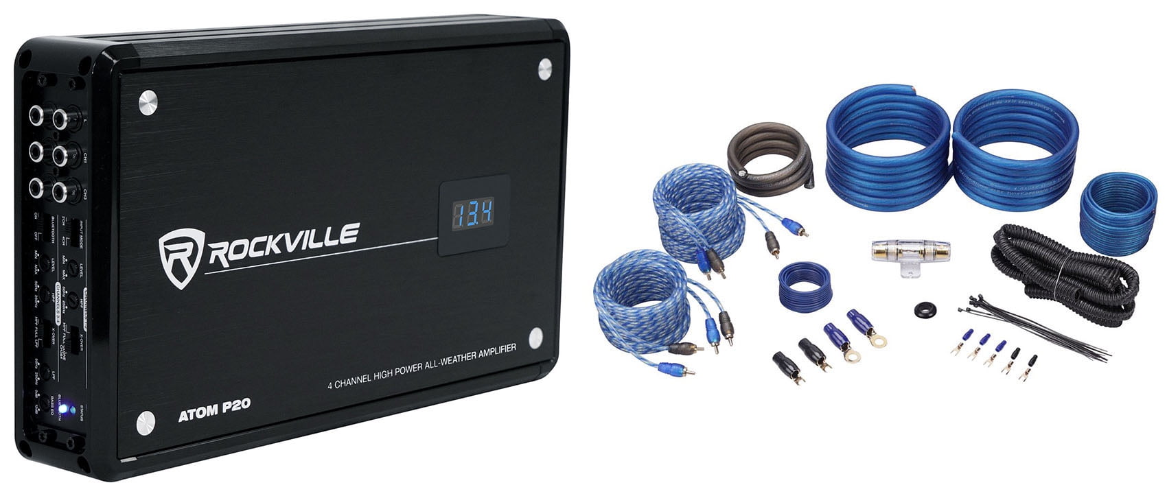 Rockville ATOM P20 1600w 4-Channel Bluetooth Car Amplifier w/ Volt Meter+Amp Kit