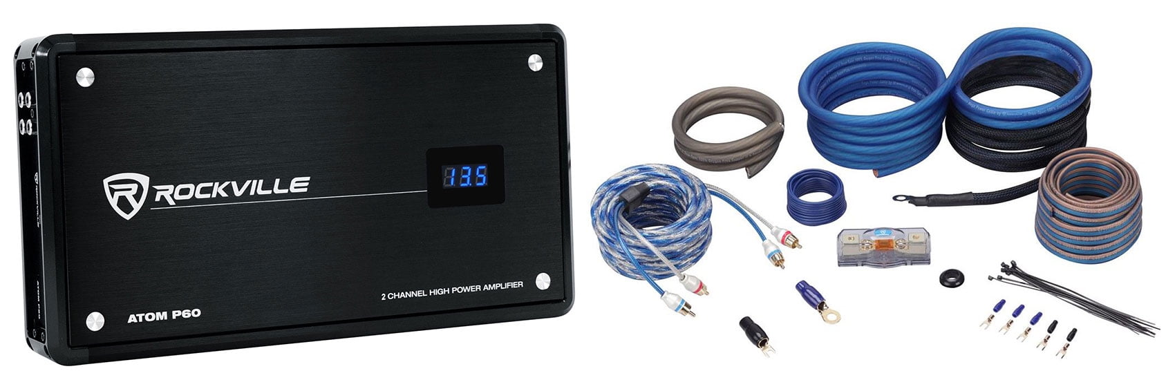 Rockville ATOM P60 4800w Peak/1200w RMS 2 Channel Car Amplifier w Meter+Amp Kit