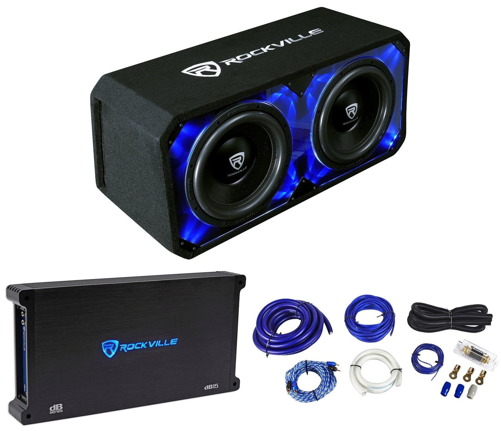 Rockville DV12K6D2 Dual 124800w Car Subwoofers in Plexi Sub Box+Amp+Wire Kit