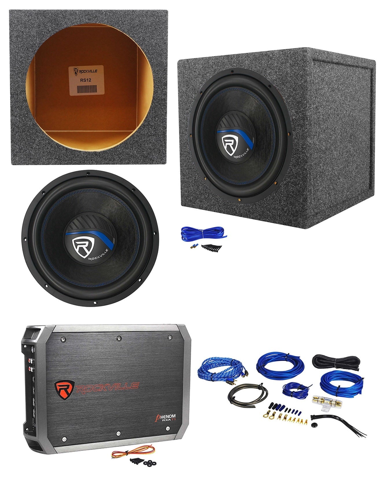 Rockville K5 W12K5S4 121400 Watt Subwoofer+Sealed Sub Box+Amplifier+Amp Kit