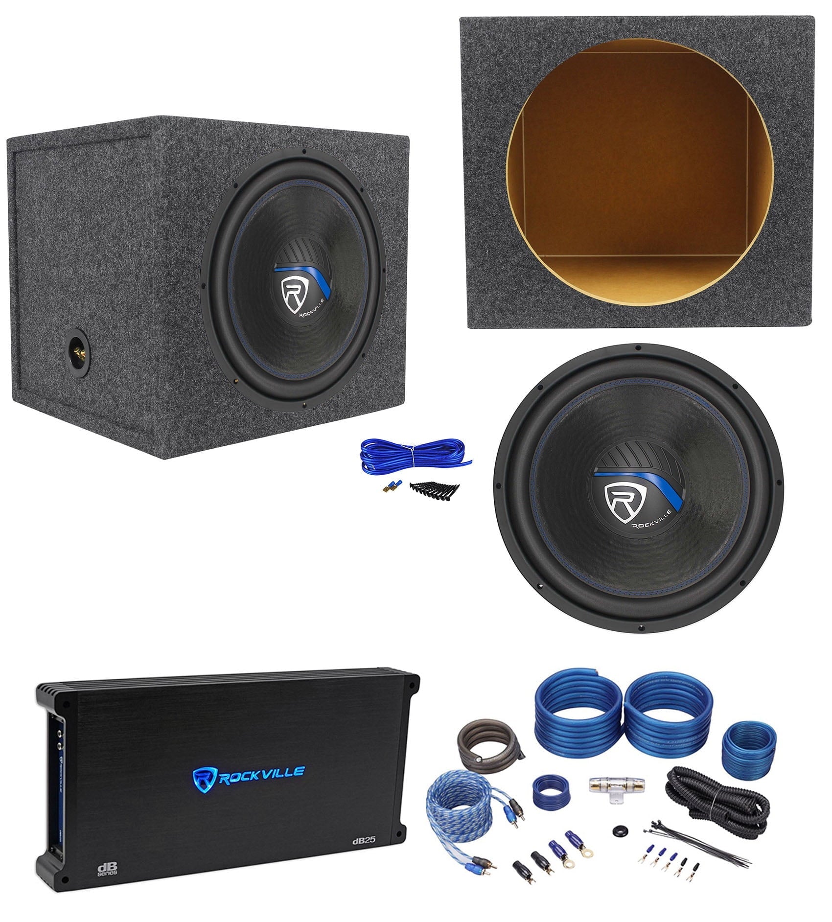 Rockville K5 W15K5S4 152000 Watt Subwoofer+Sealed Sub Box+Amplifier+Amp Kit