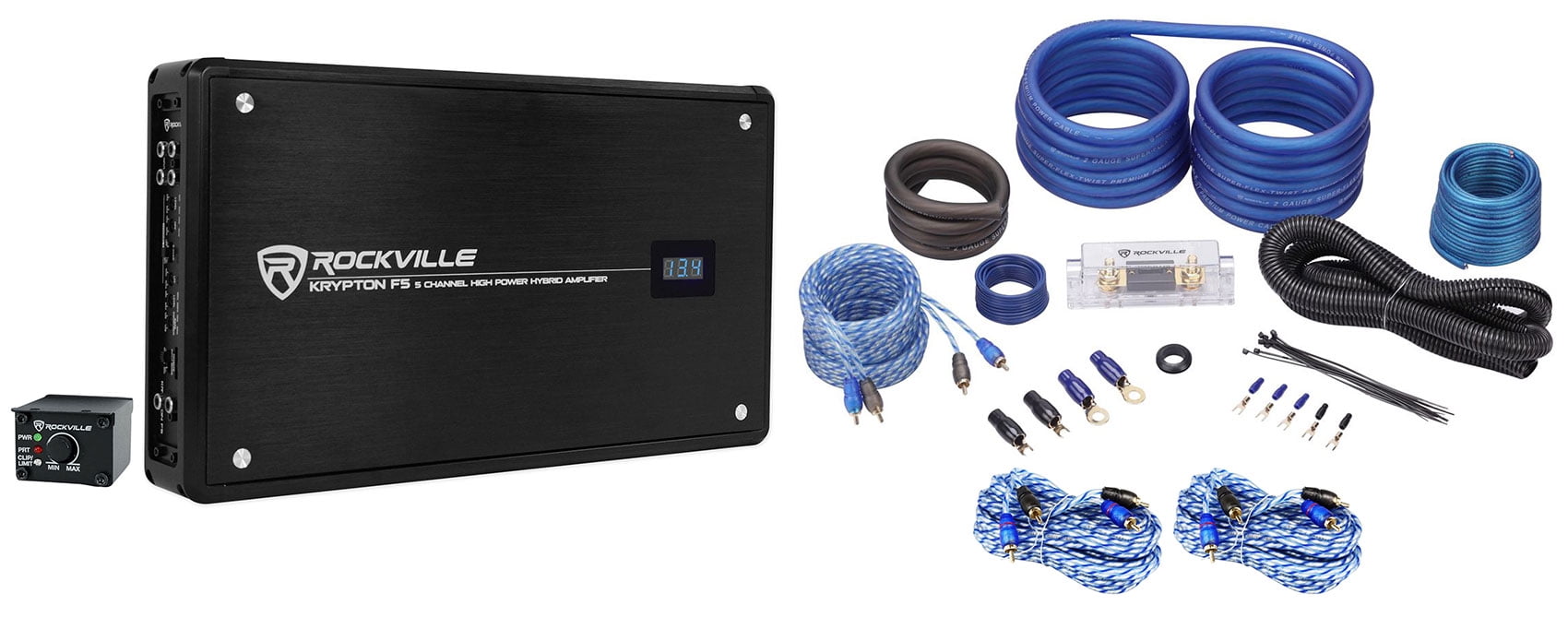Rockville Krypton F5 3200 Watt 5 Channel Car Amplifier w/ Volt Meter+Amp Kit