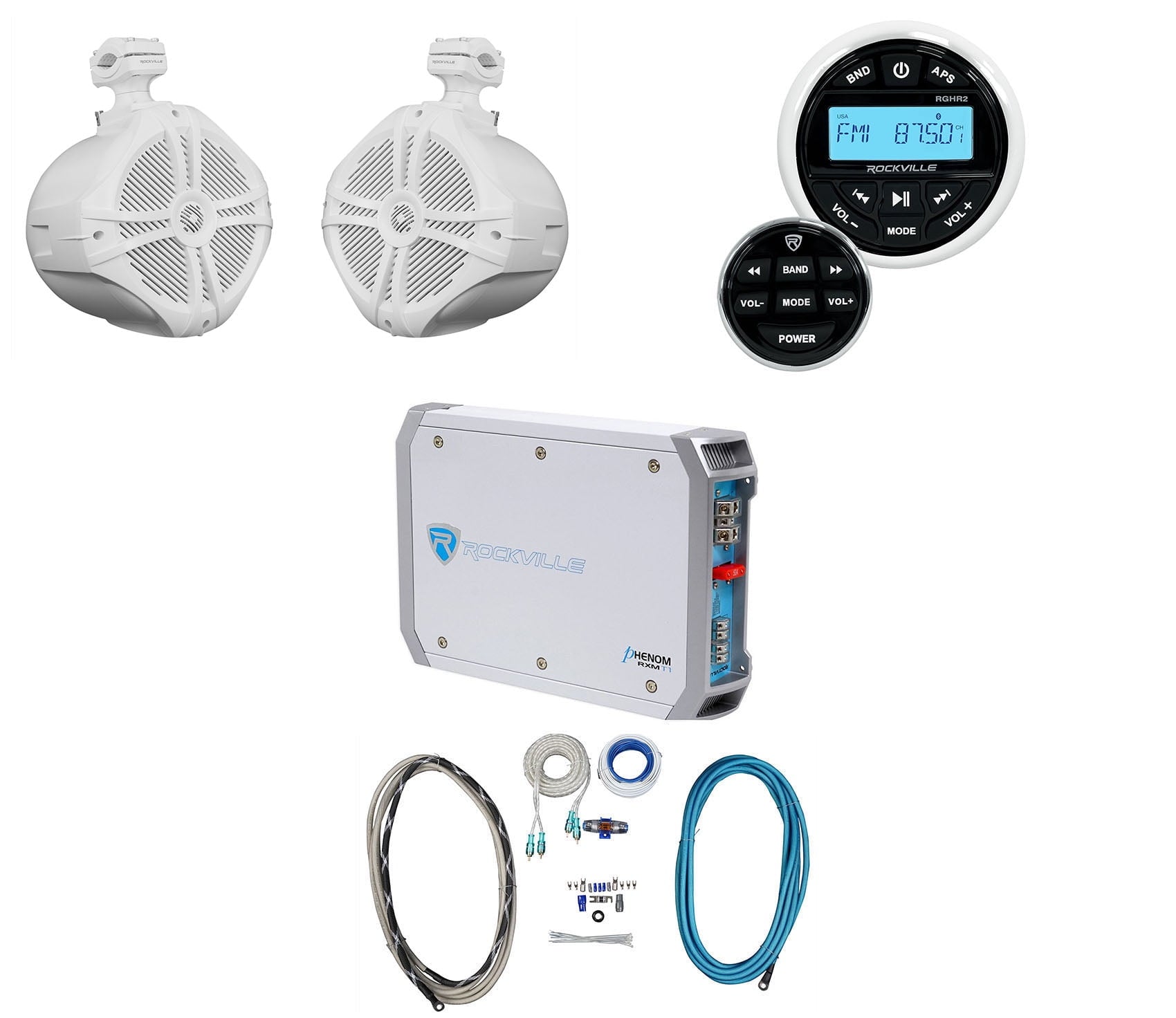 Rockville RGHR2 Marine Bluetooth Receiver+Remote+8 Wakeboards+2Ch Amplifier+Kit