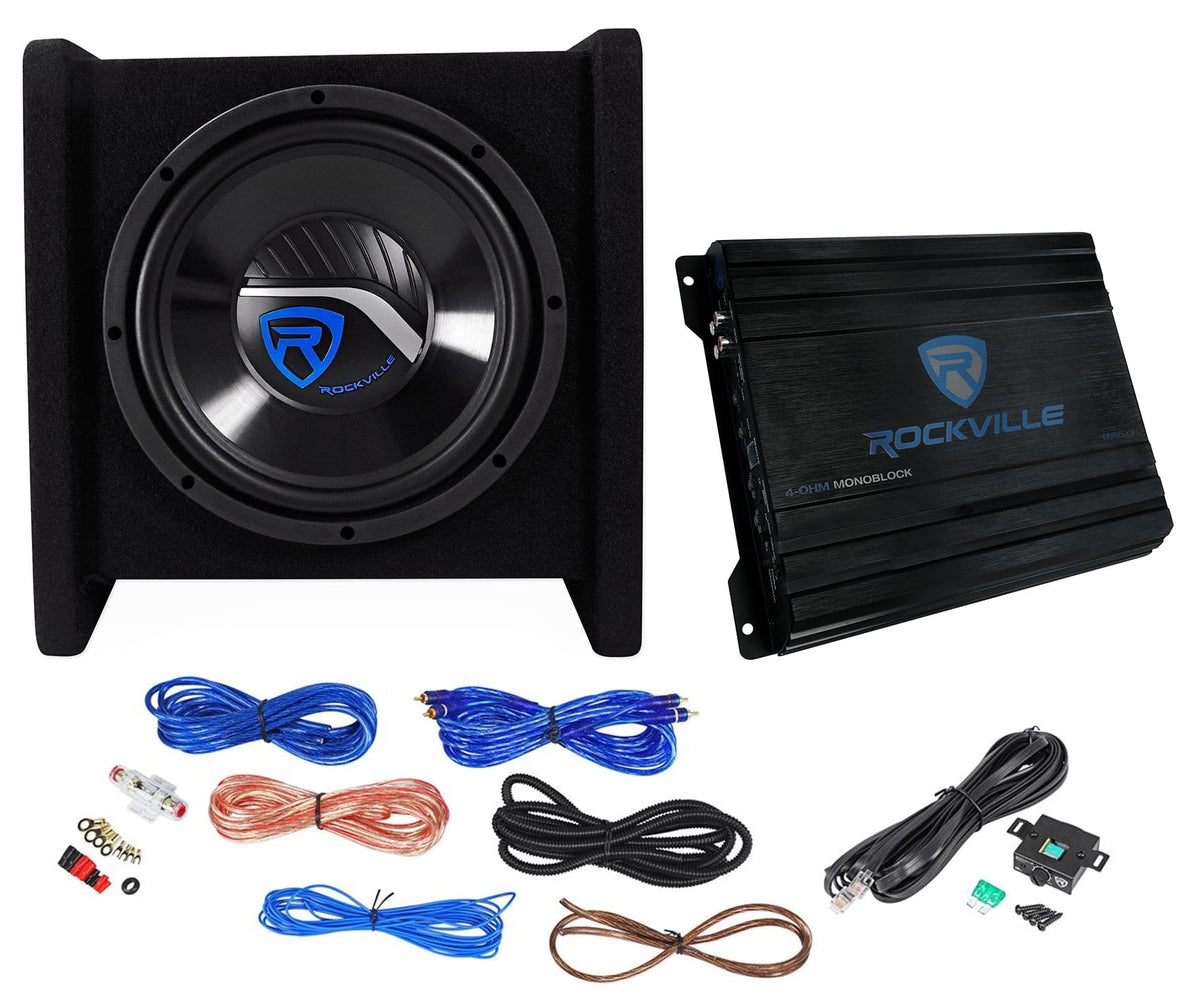 Rockville RV10.1D 500W 10Loaded Car Subwoofer with Vented Enclosure, Amplifier and Wiring Kit