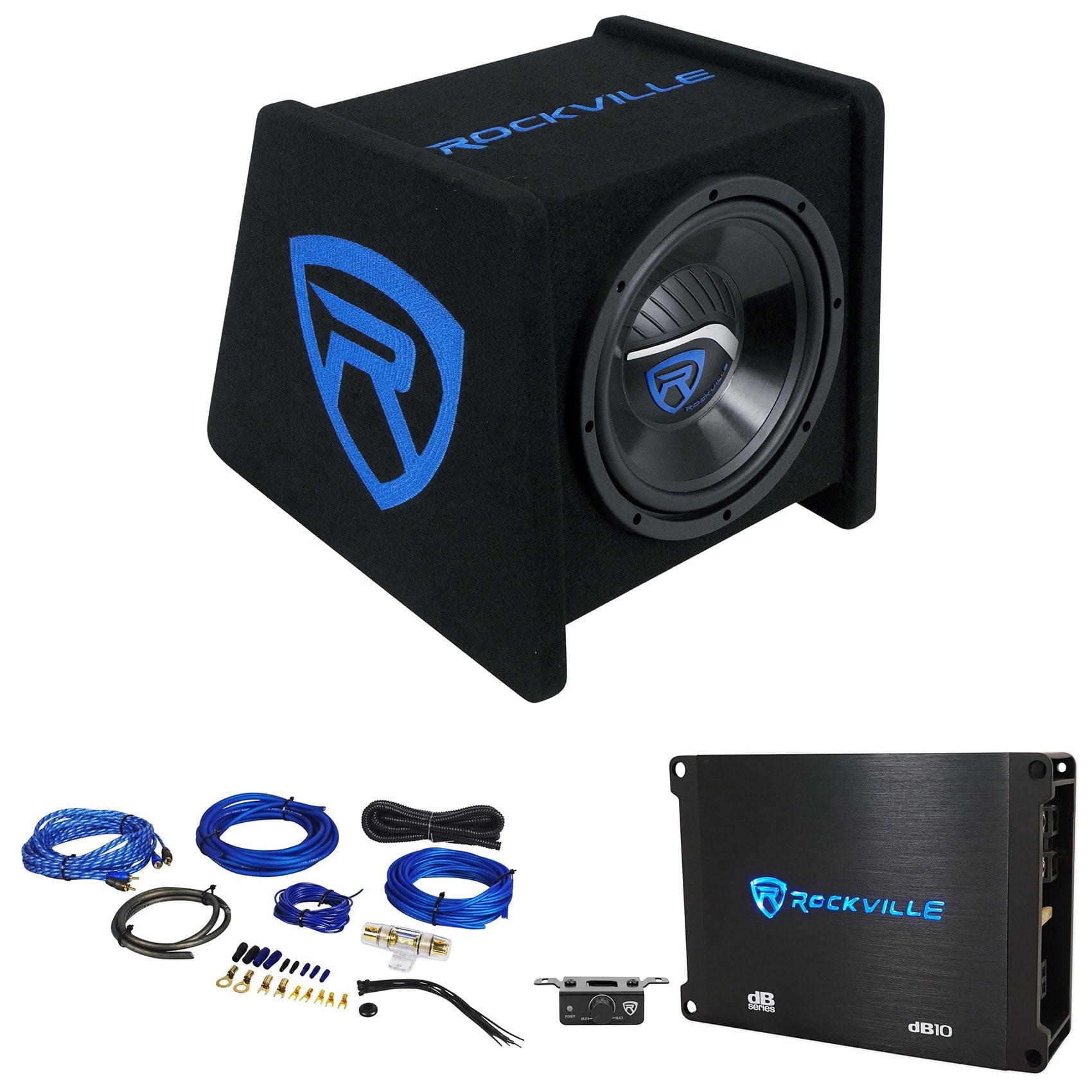 Rockville RV10P 10500w Subwoofer+Vented Sub Enclosure Box+Amplifier+Amp Kit