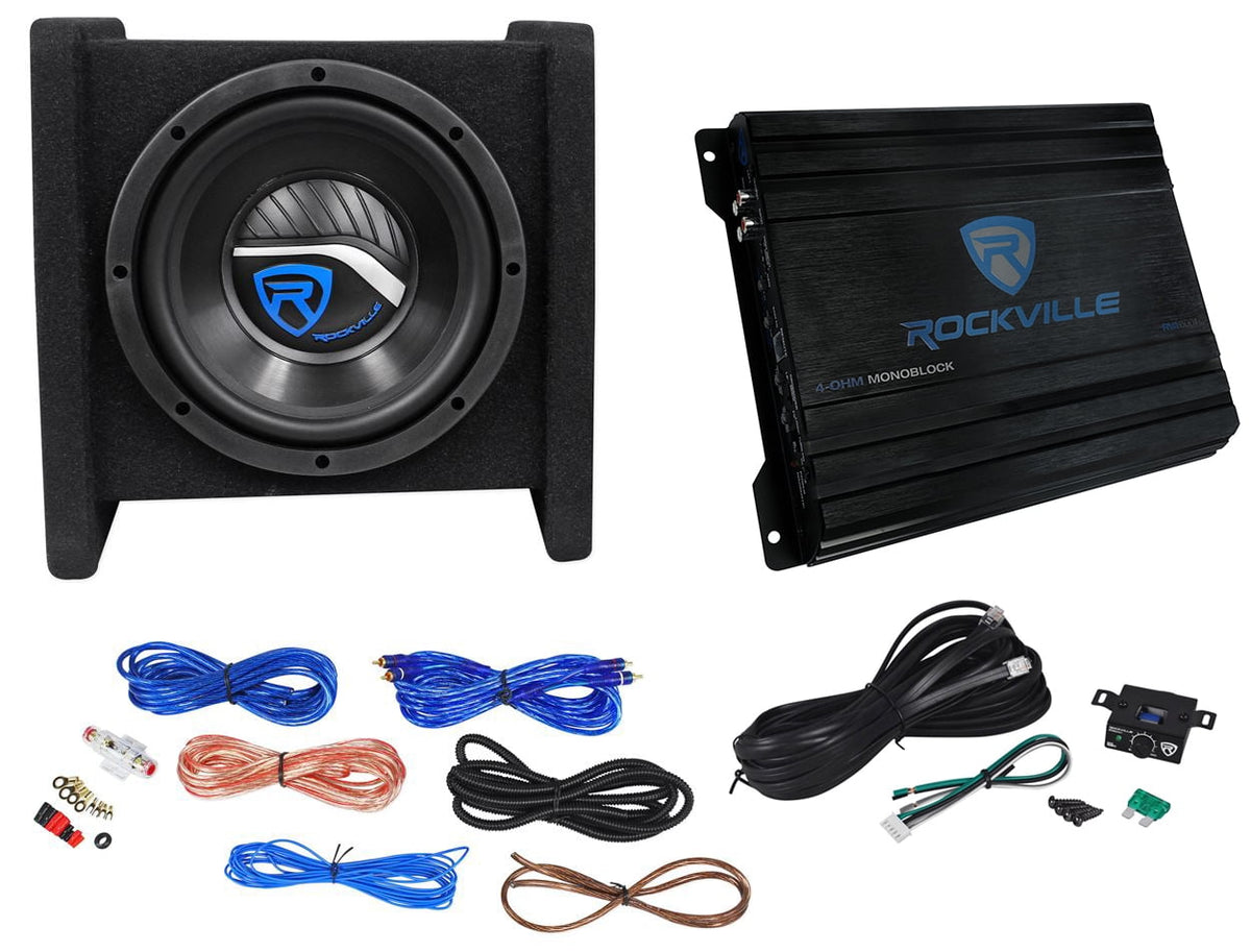 Rockville RV8.1A 400w 8Loaded Car Subwoofer Enclosure+Mono Amplifier+Amp Kit