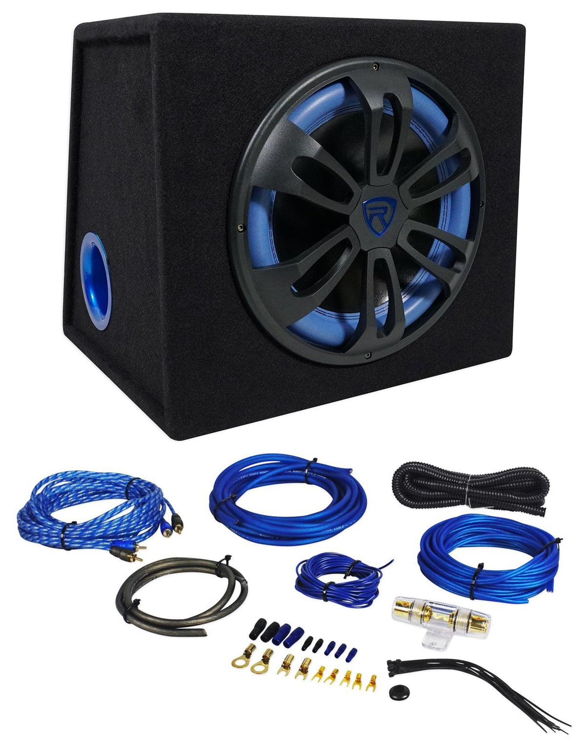 Rockville RVB12.1A 12 Inch 500W Powered Car Subwoofer+Sub Enclosure Box+Amp Kit