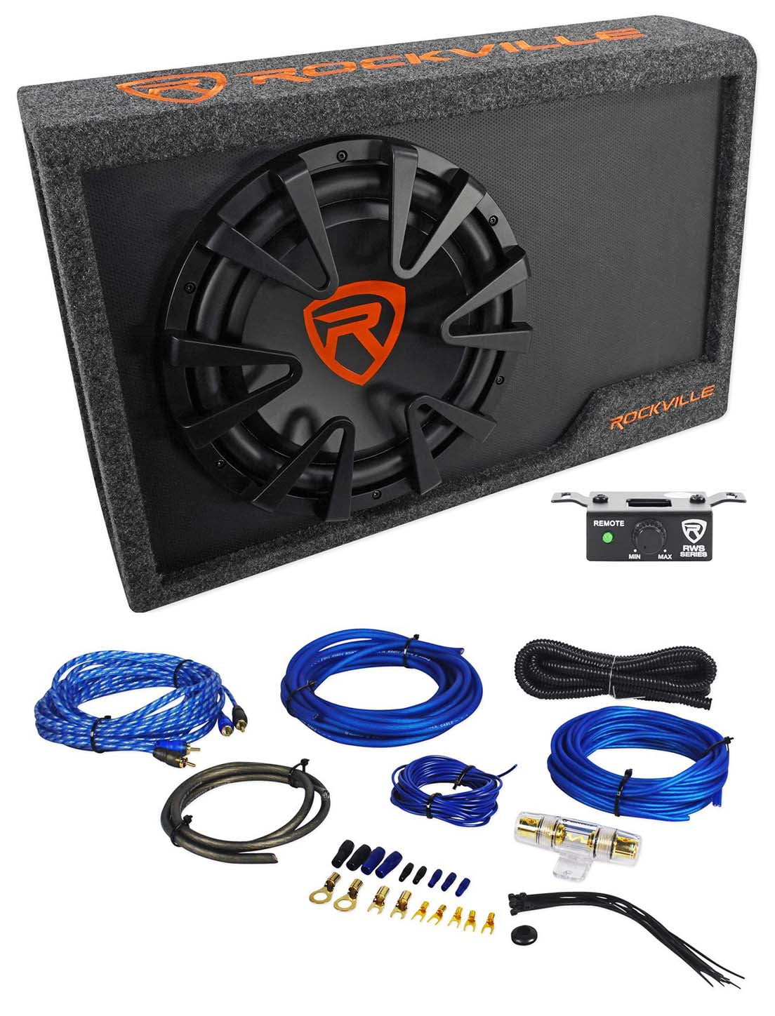 Rockville RWS12CA Slim 1200 Watt 12Powered Car Subwoofer Enclosure + Wire Kit