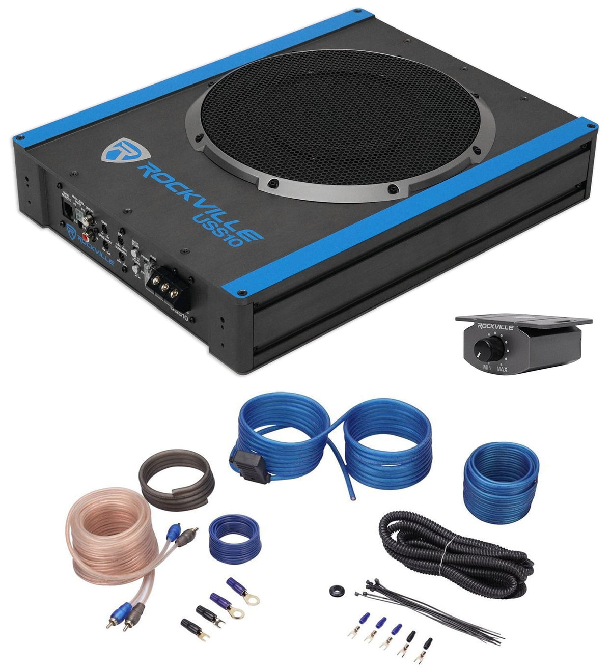 Rockville USS10 10800w Slim Under-Seat Powered Car/Truck Subwoofer Sub+Amp Kit