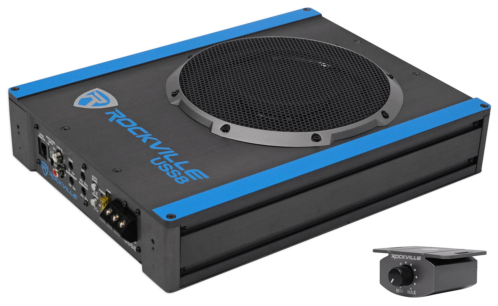 Rockville USS8 8600w Slim Under-Seat Active Powered Car/Truck Subwoofer Sub