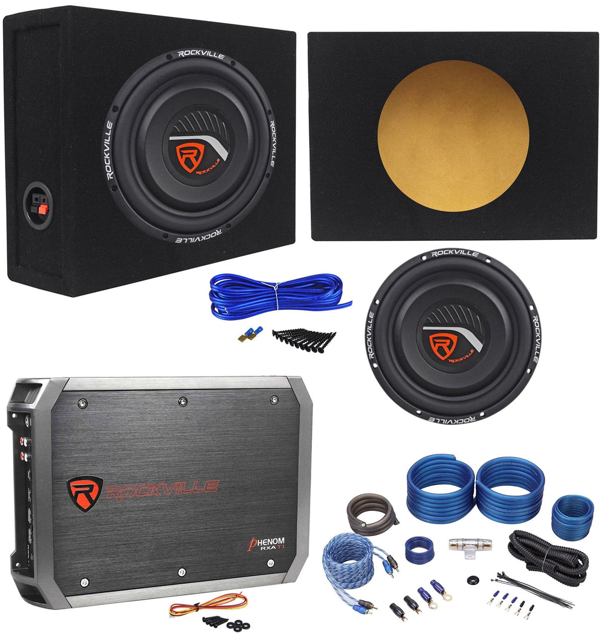 Rockville W10T4-S4 10Shallow 1200W Subwoofer+Sealed Box+2 Ch.Amplifier+Amp Kit