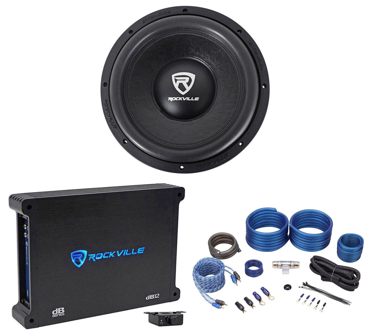 Rockville W12K6D4 V2 122400 Watt Car Audio Subwoofer+Mono Amplifier+Amp Kit