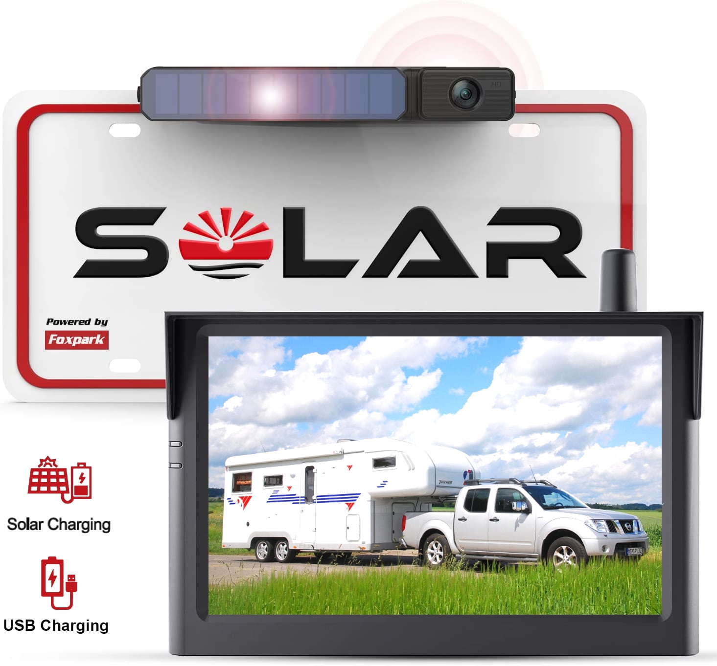 Solar Wireless Backup Camera System for Campervans, RV Digital Rear View Back Up Cameras 2 Channel Solar Charging Reverse Camera for Van Truck