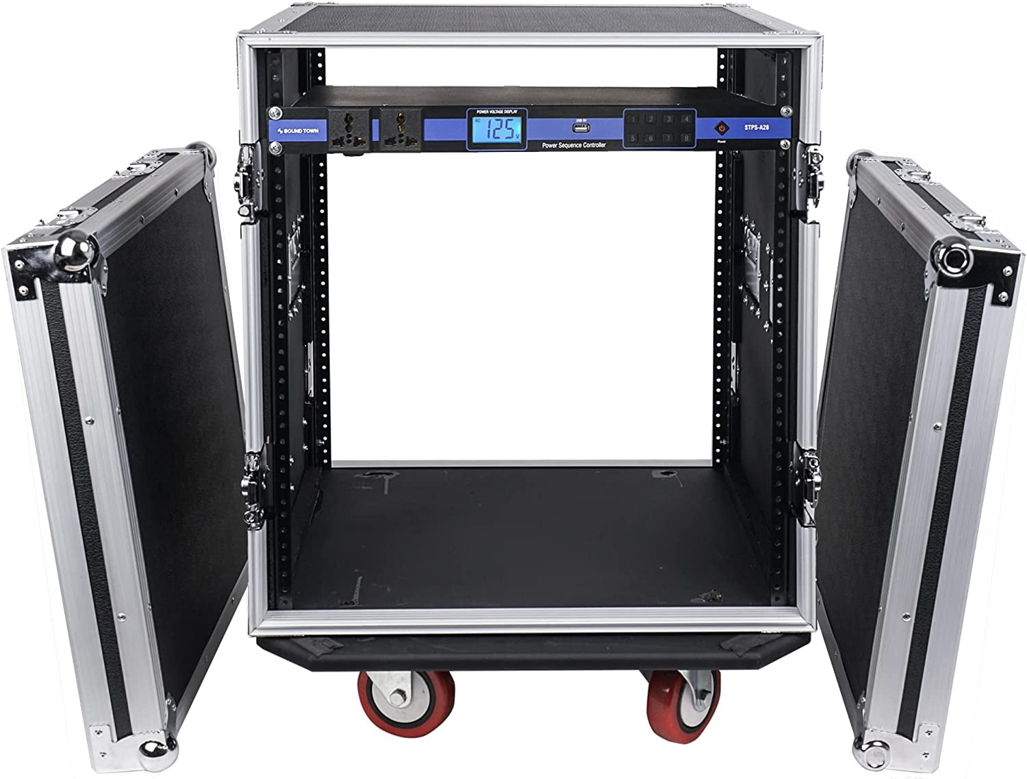 Sound Town PA DJ Combo with 12U Rack/Road ATA Case w/Casters, One 10 Outlet AC Power Conditioner/Sequencer (STRC-12PSA28)