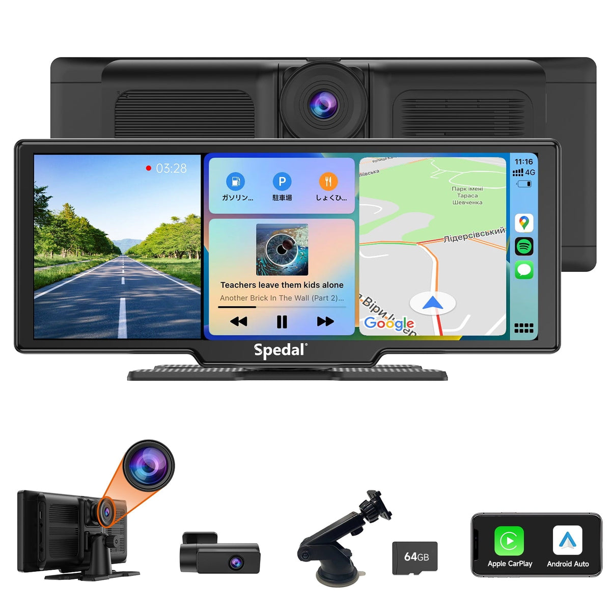 Spedal CL860 Portable CarPlay Screen with 4K Dash Cam Front and Rear- 9.3Wireless Apple CarPlay £¦Android Auto Car Stereo  Bluetooth  GPS Navigation Head Unit Car Stereo Receivers 1080p Rear Camera
