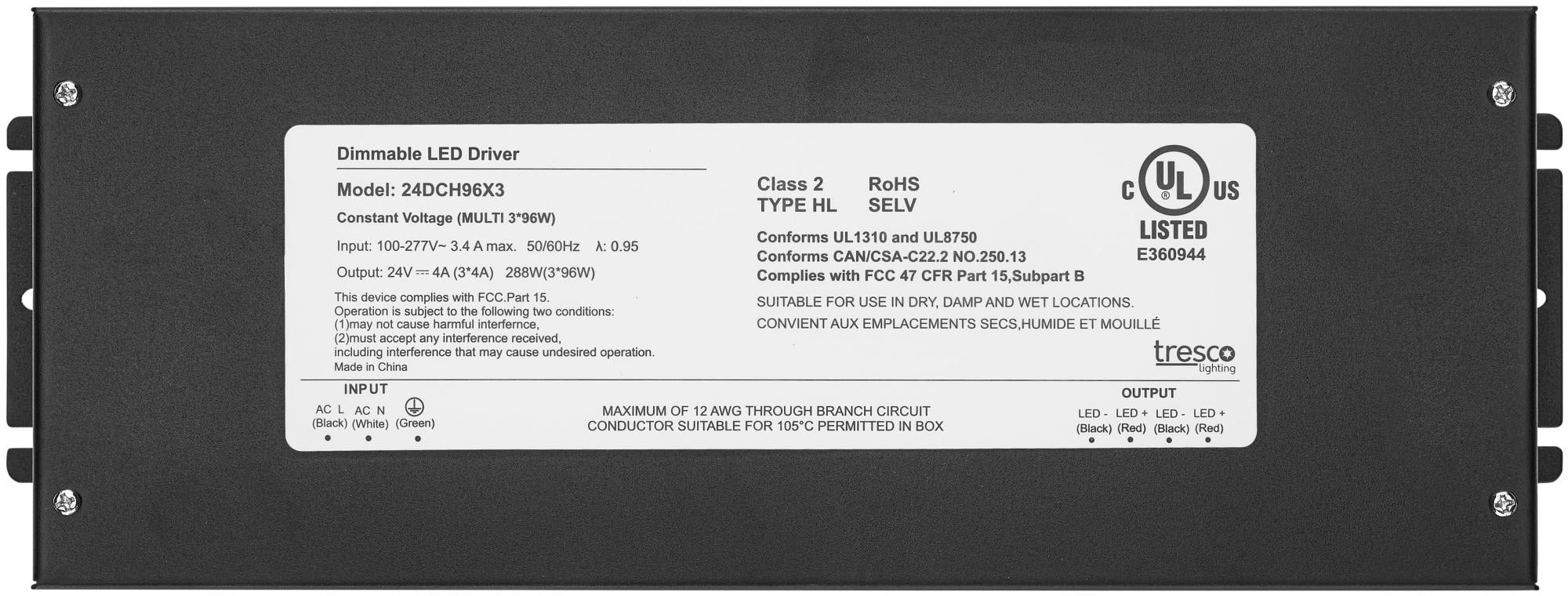 Tresco L-24Dch96x3-1 24Vdc 288W Industrial Wall Dimmable Hardwire Power Supply - Black