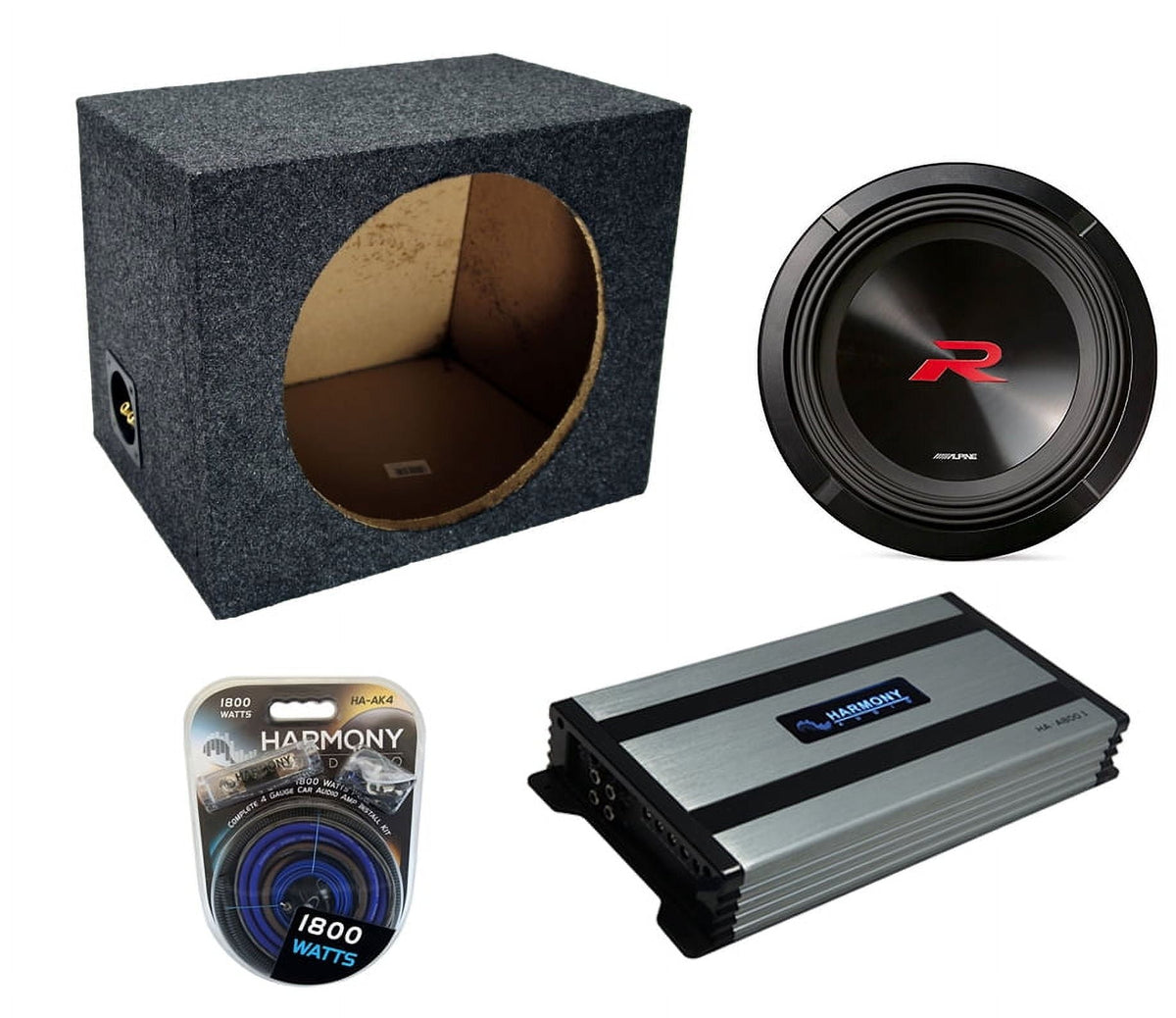 Universal Car Stereo Rearfire Sealed Single 12Alpine Next-Generation R-Series R2-W12D4 Sub Box Enclosure with Harmony HA-A800.1 Amplifier & 4GA Amp Kit