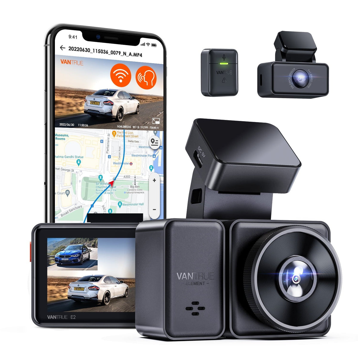 Vantrue Dash Cam Front and Rear with Voice Control, 2.7K + 2.7K Dual Dash Camera for Cars, WiFi, GPS, STARVIS Night Vision, Buffered Parking Mode, G-Sensor, WDR, Support 512GB(E2)