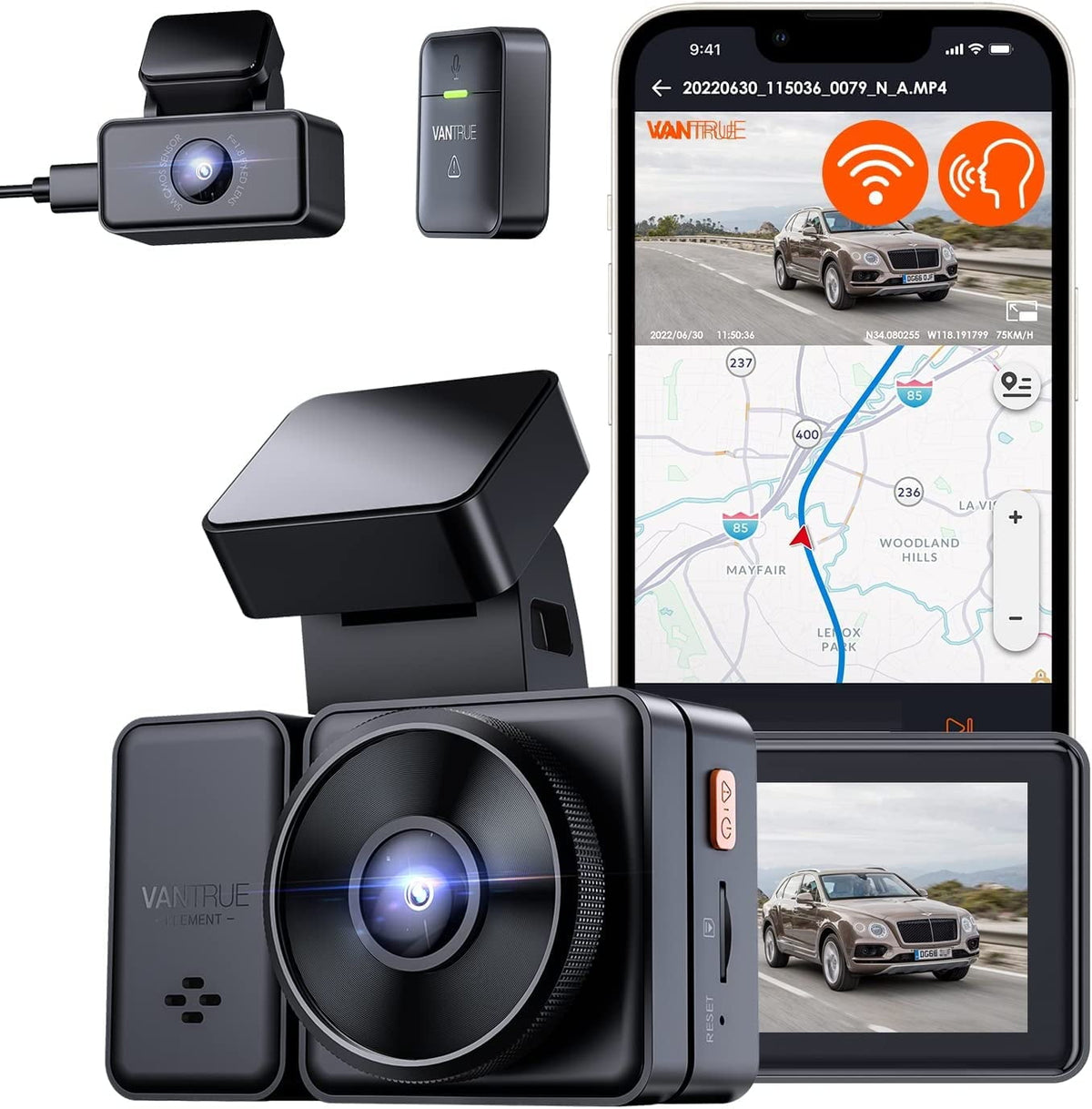 Vantrue E2 Dual 2.5K Front and Rear Dash Cam with 5G WiFi, GPS & Voice Control, 1944P+1944P Car Camera, 24hrs Buffered Parking Mode, Enhanced Night Vision, Motion Detection, Capacitor, Support 512GB