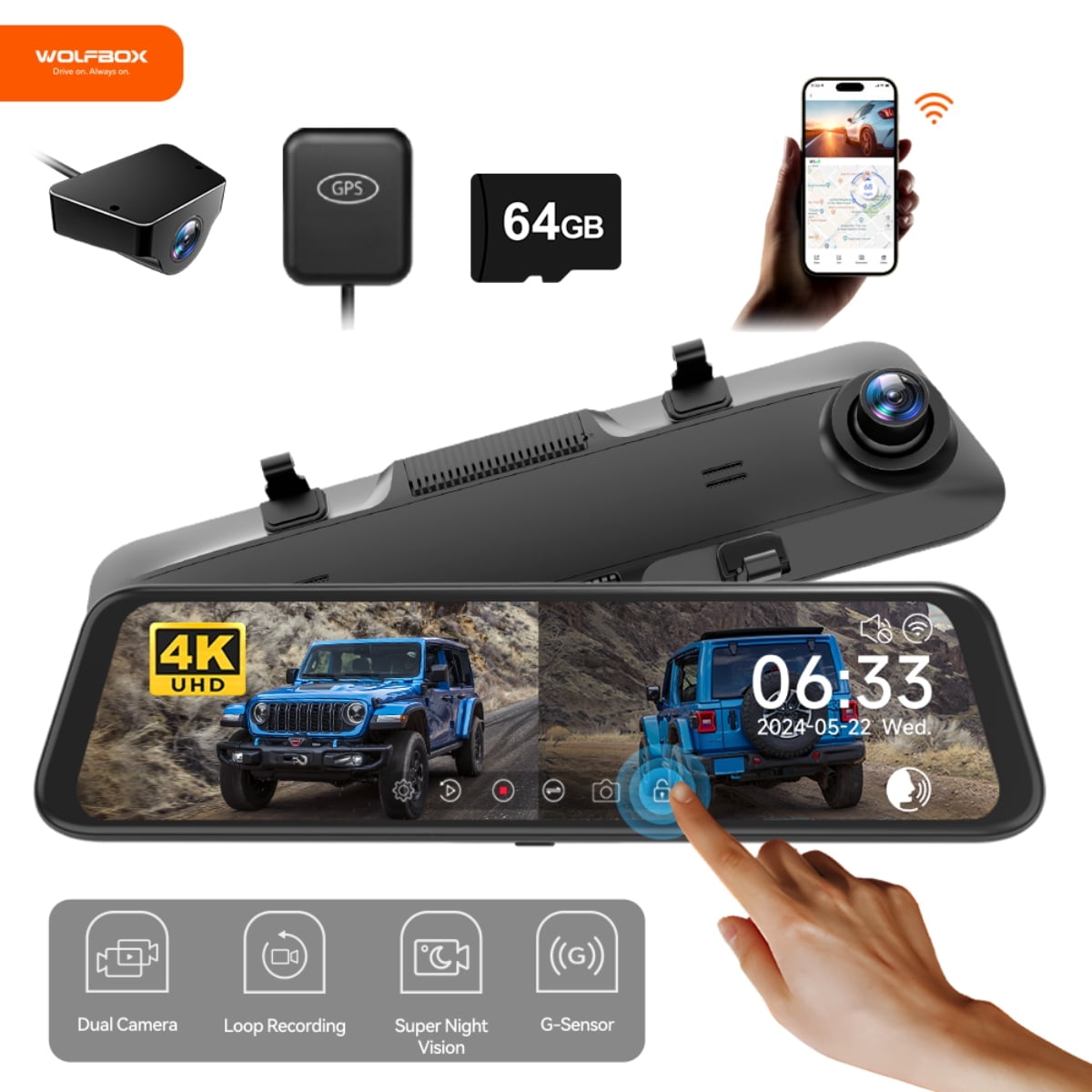 WolfBox Dash Cam, Dash Cam 4K in Wifi& GPS, 12'' 4K+1080P Rear View Mirror Dash Cameras with Super Night Vision, See the license plate clearly, Free 64GB Card