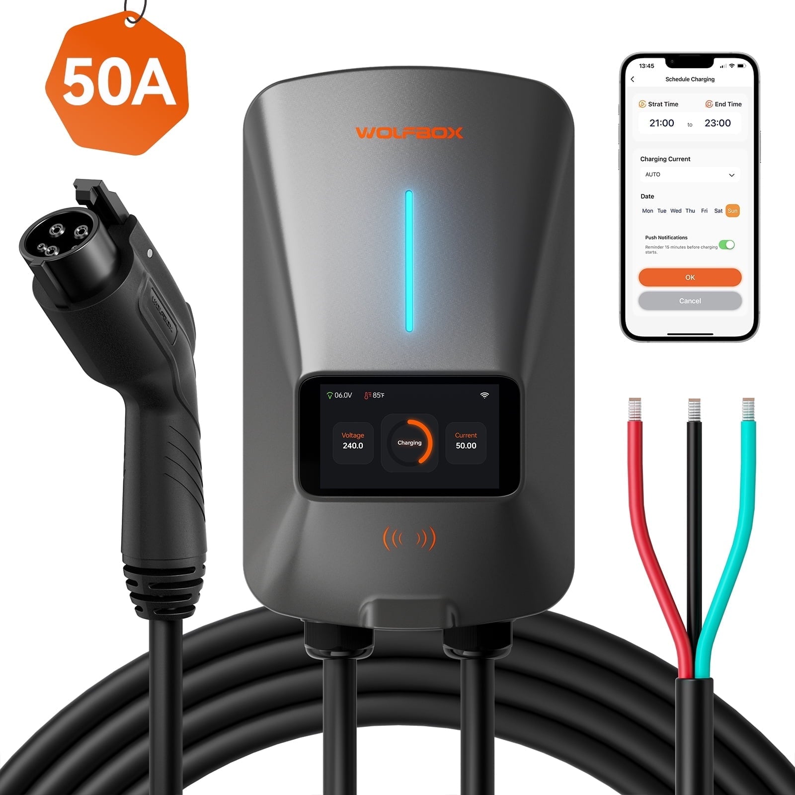 WOLFBOX EV Charger, Level 2 EV Vehicle Charging Station, 240V 50 Amp with NEMA 14-50 Plug, Wifi Enabled Electric Car Charger, Smart Screen, RFID Card, Gray