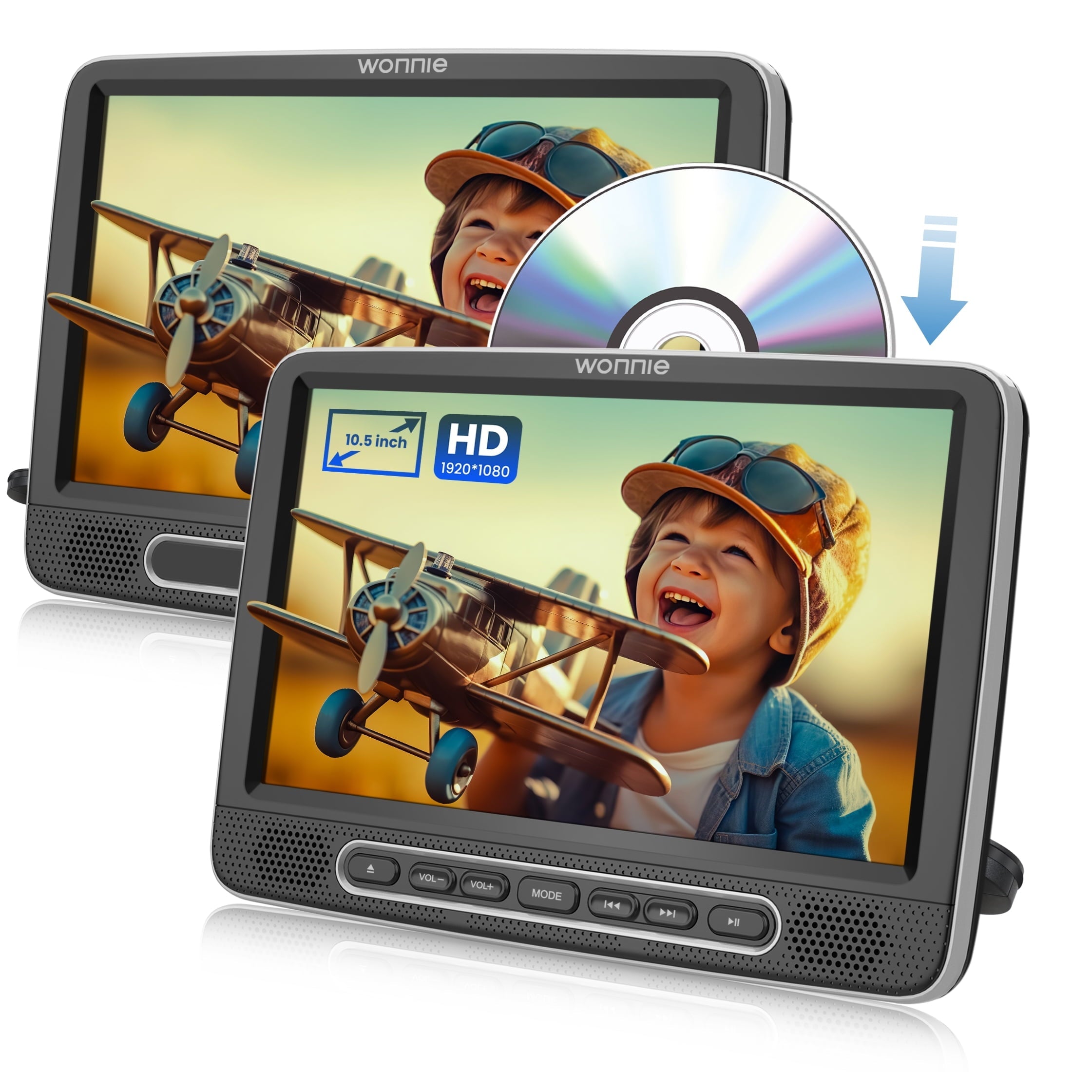 WONNIE 10.5¡± Portable Dual Screen Car DVD Player, Headrest DVD Player 1080P HD Screen,  Car Video Player with Rechargeable Battery, Suction -Type Disc in, Support HDMI IN/Out, AV Out, USB, TF Card