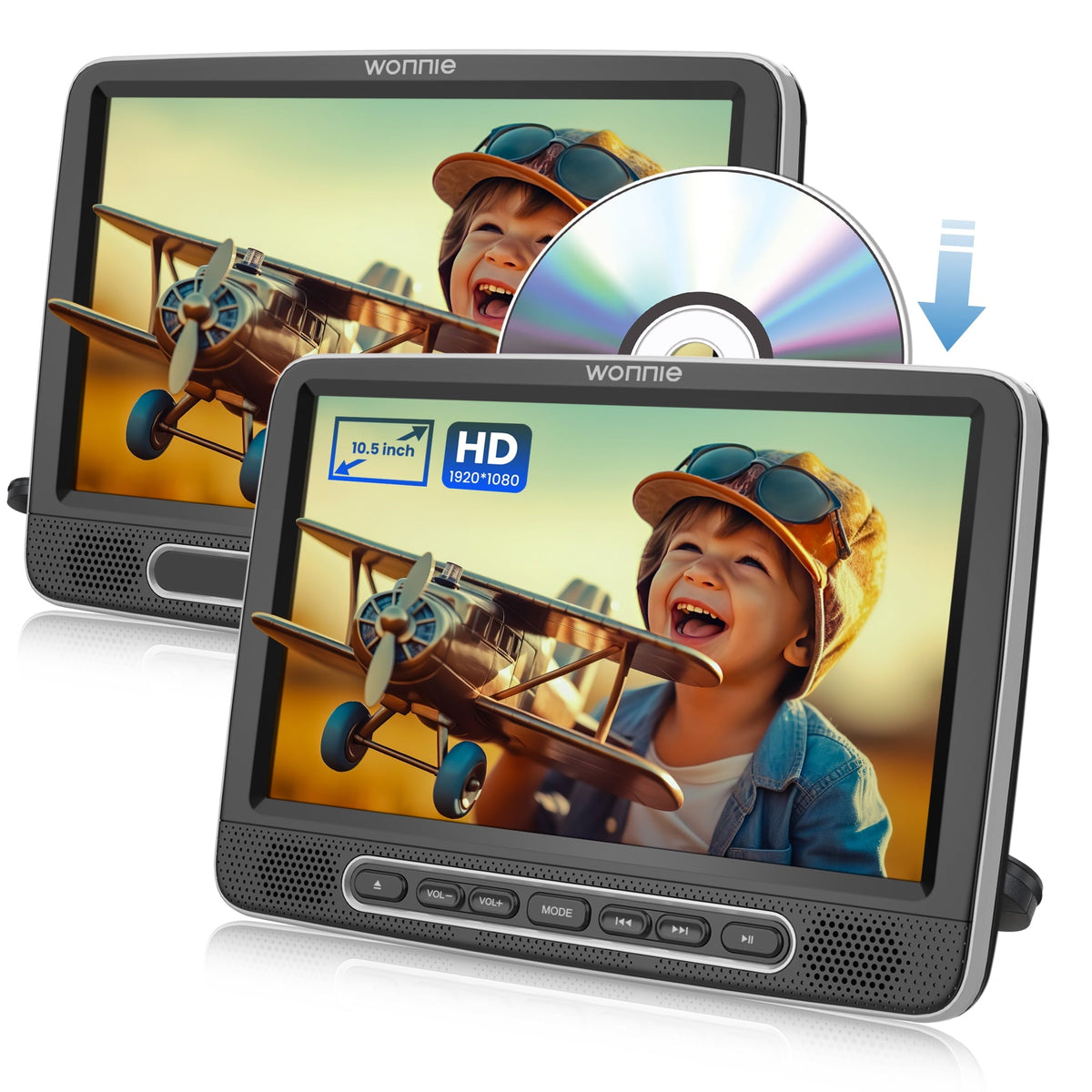 WONNIE 10.5¡± Portable Dual Screen Car DVD Player, Headrest DVD Player 1080P HD Screen,  Car Video Player with Rechargeable Battery, Suction -Type Disc in, Support HDMI IN/Out, AV Out, USB, TF Card
