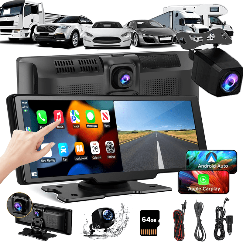Wireless Portable Screen for Car, 10.26HD IPS Carplay and Android Auto Screen, Car Touch Screen with 4K Dash Cam,1080P Backup Camera,Portable Touch screen GPS Navigation, Voice Control,64GB