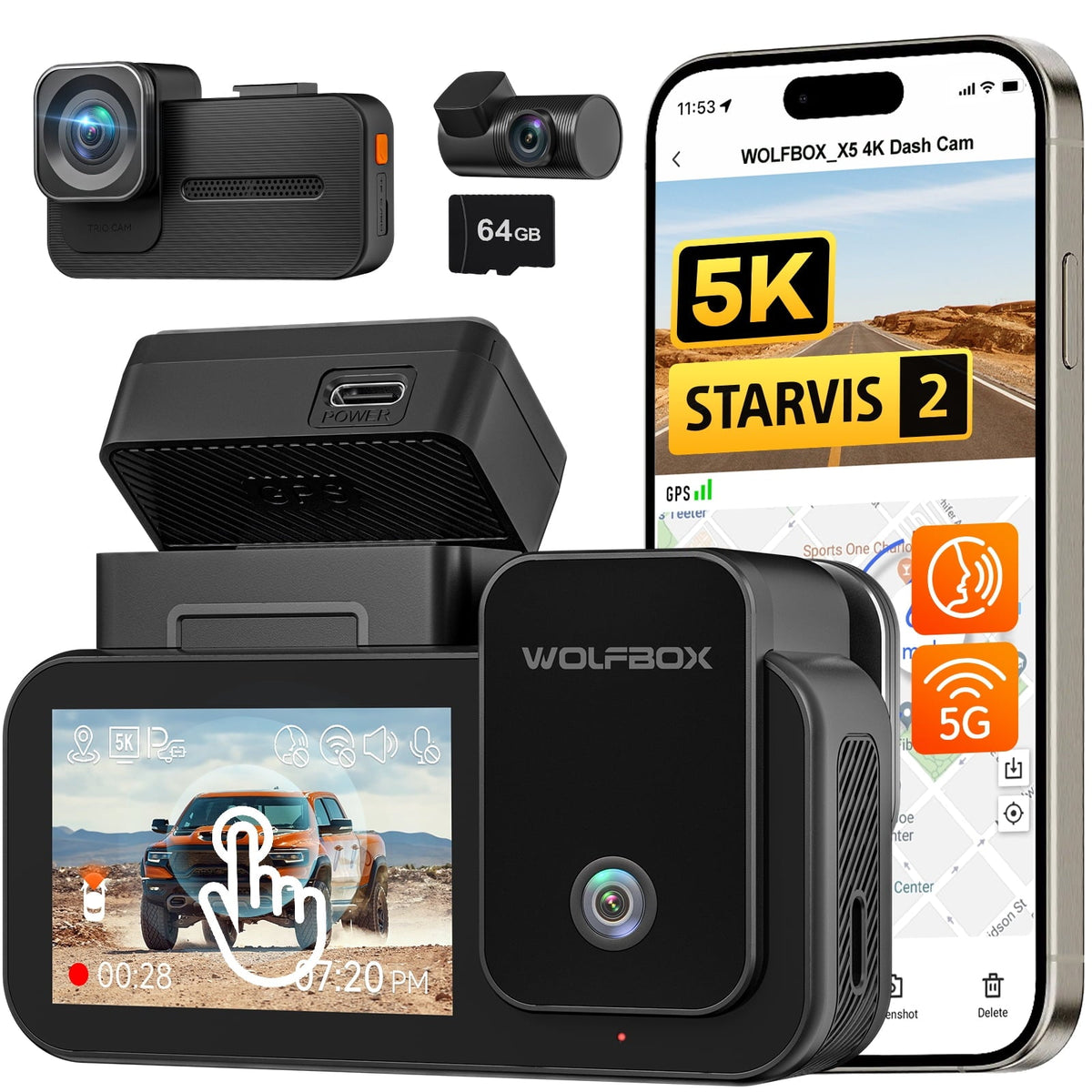 WolfBox X5 3 Channel Car Dash Cam, 4K Front+1080P Inside+2.5K Rear Camera, 5.8GHz Wi-Fi & GPS, Touchscreen, Voice Control
